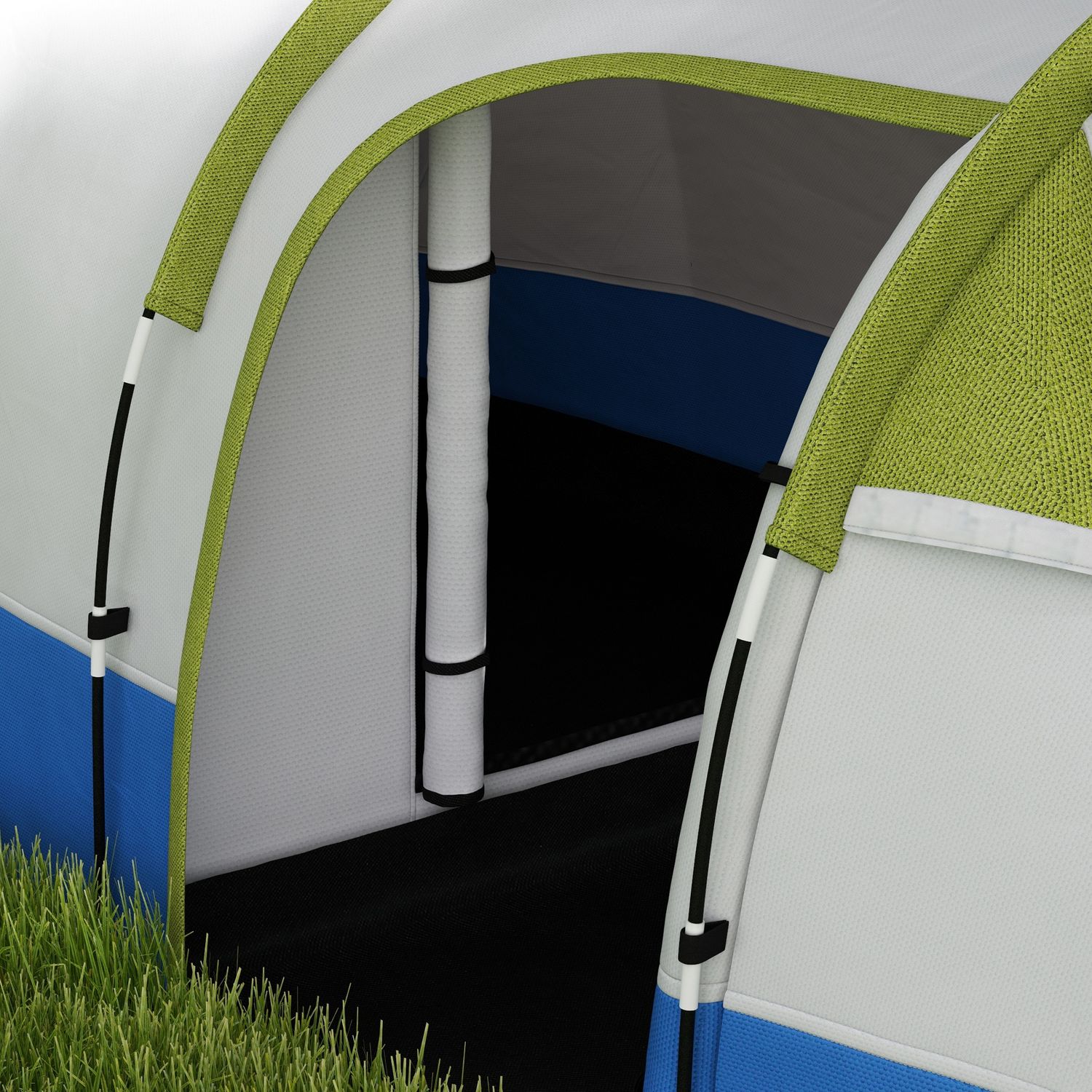 Tenda da campeggio impermeabile con 2 aree e 3 ingressi, in poliestere e fibra di vetro, 420x200x150 cm, verde - 