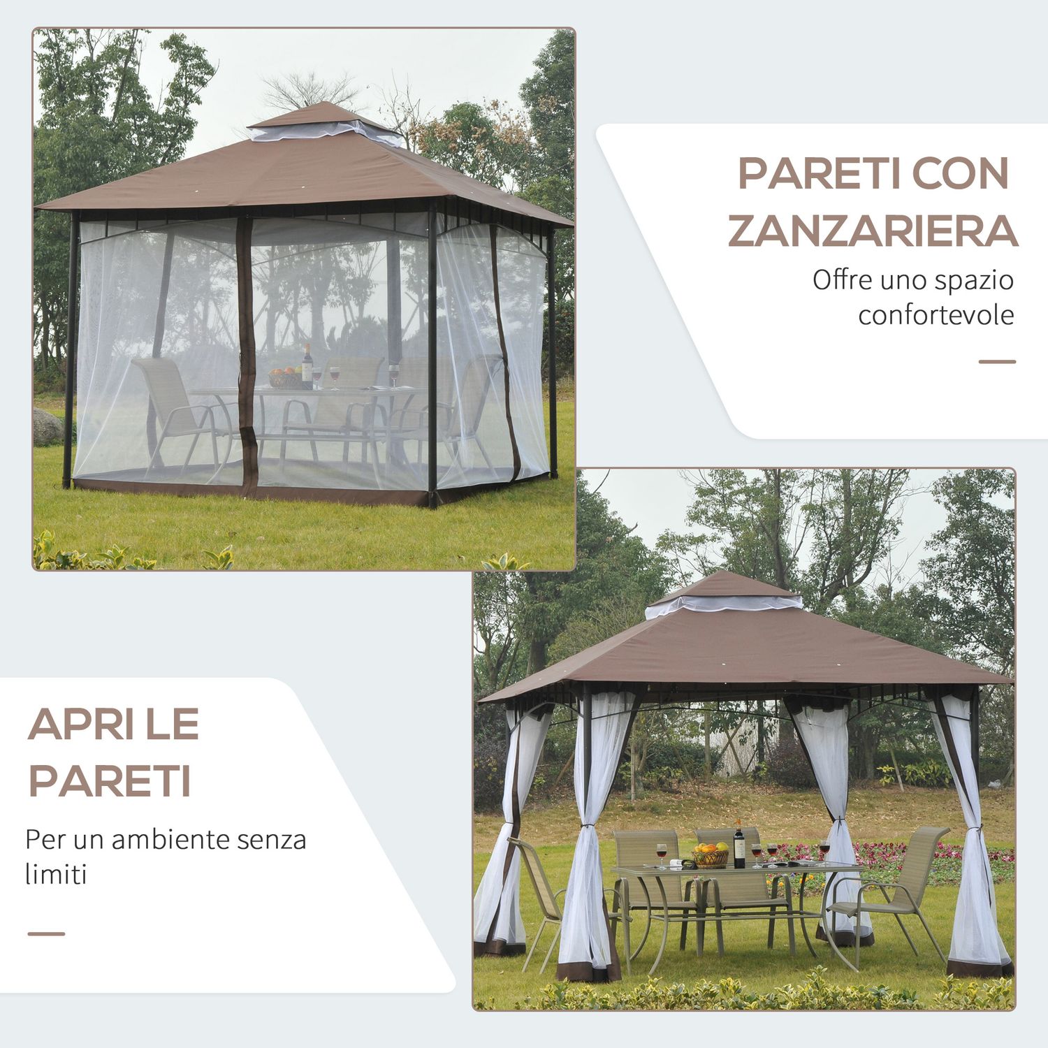 Gazebo da giardino 3x3m con zanzariera, tetto a 2 livelli e struttura in metallo marrone - 