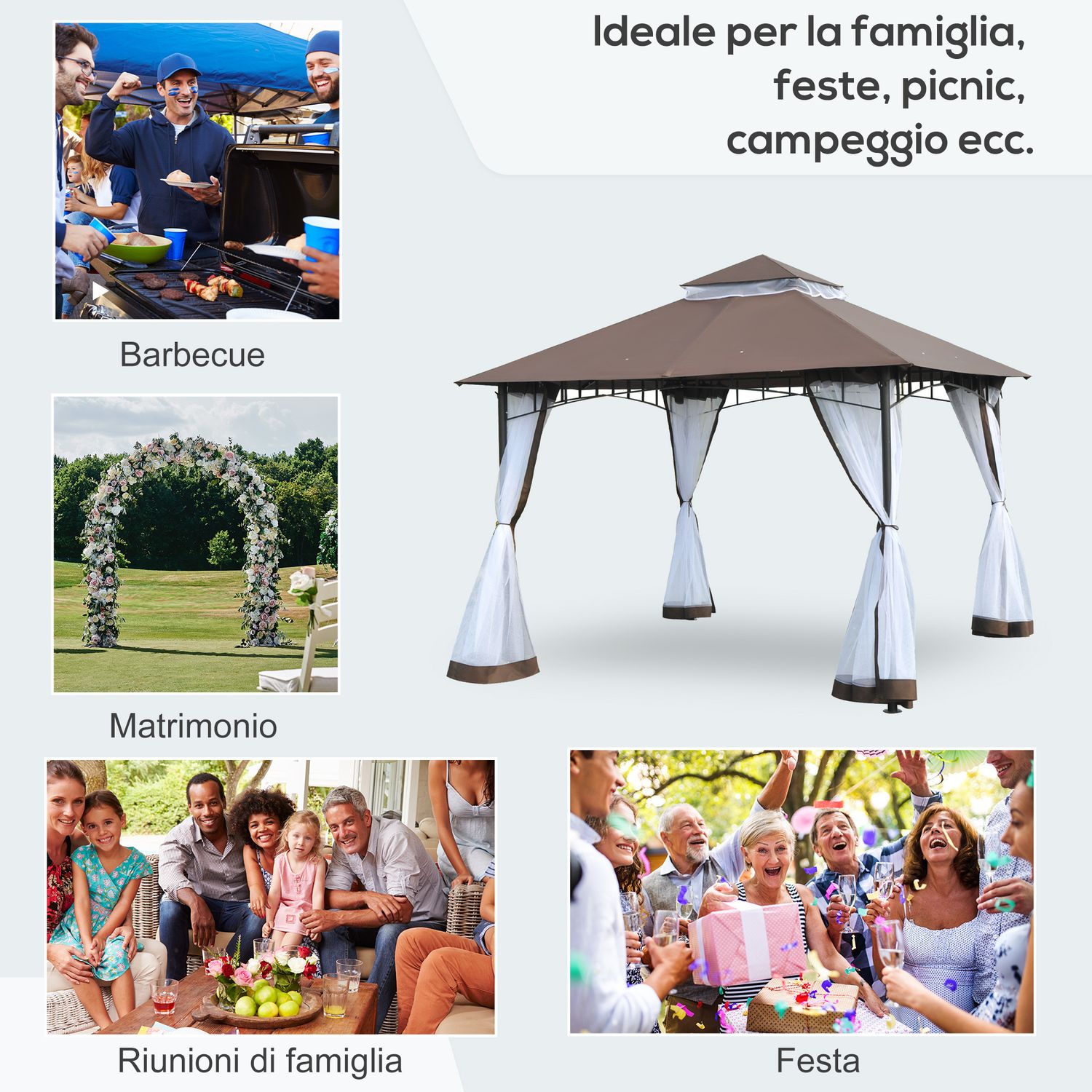 Gazebo da giardino 3x3m con zanzariera, tetto a 2 livelli e struttura in metallo marrone - 