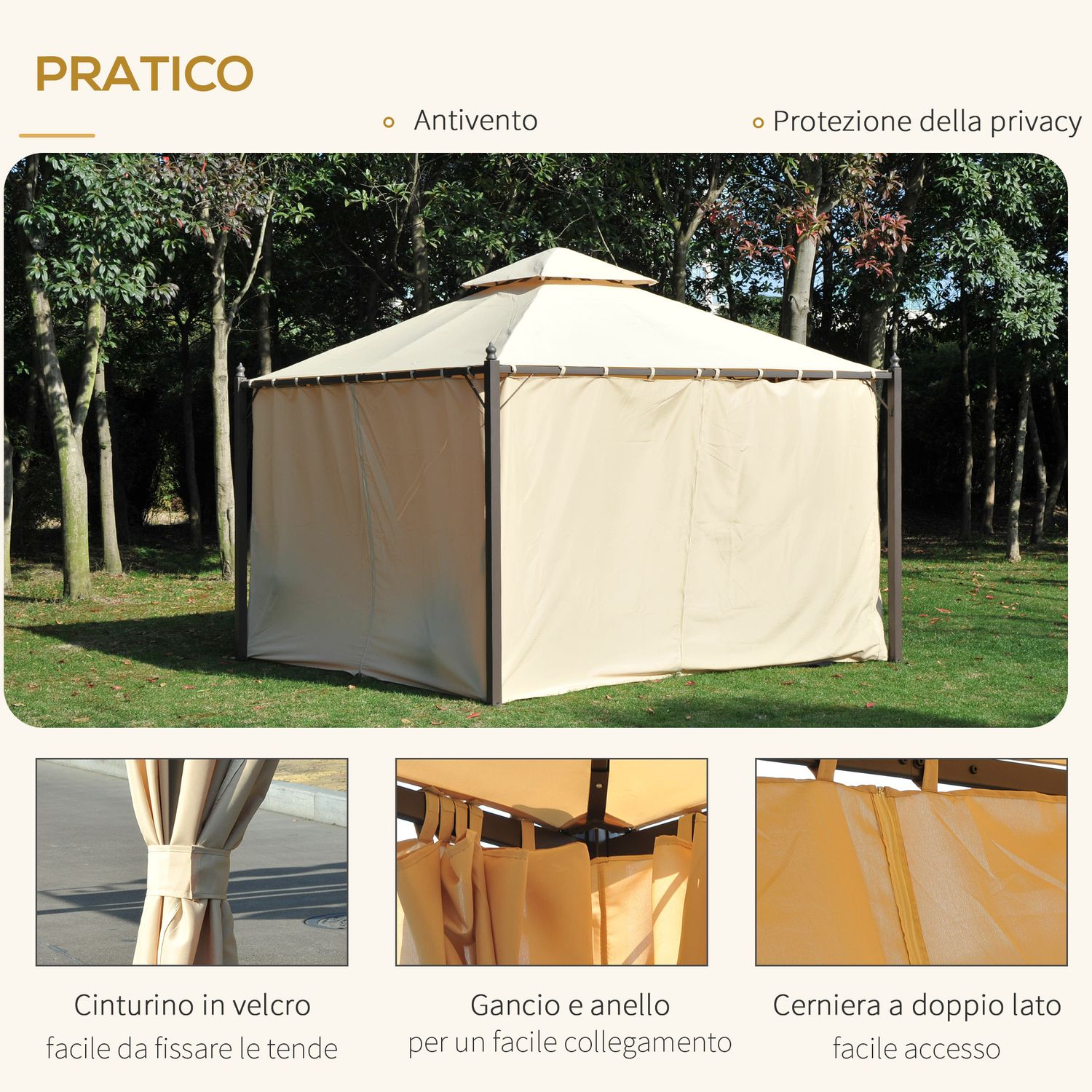 Gazebo da giardino 3 x 3m con 4 tende laterali e doppio tetto beige - 