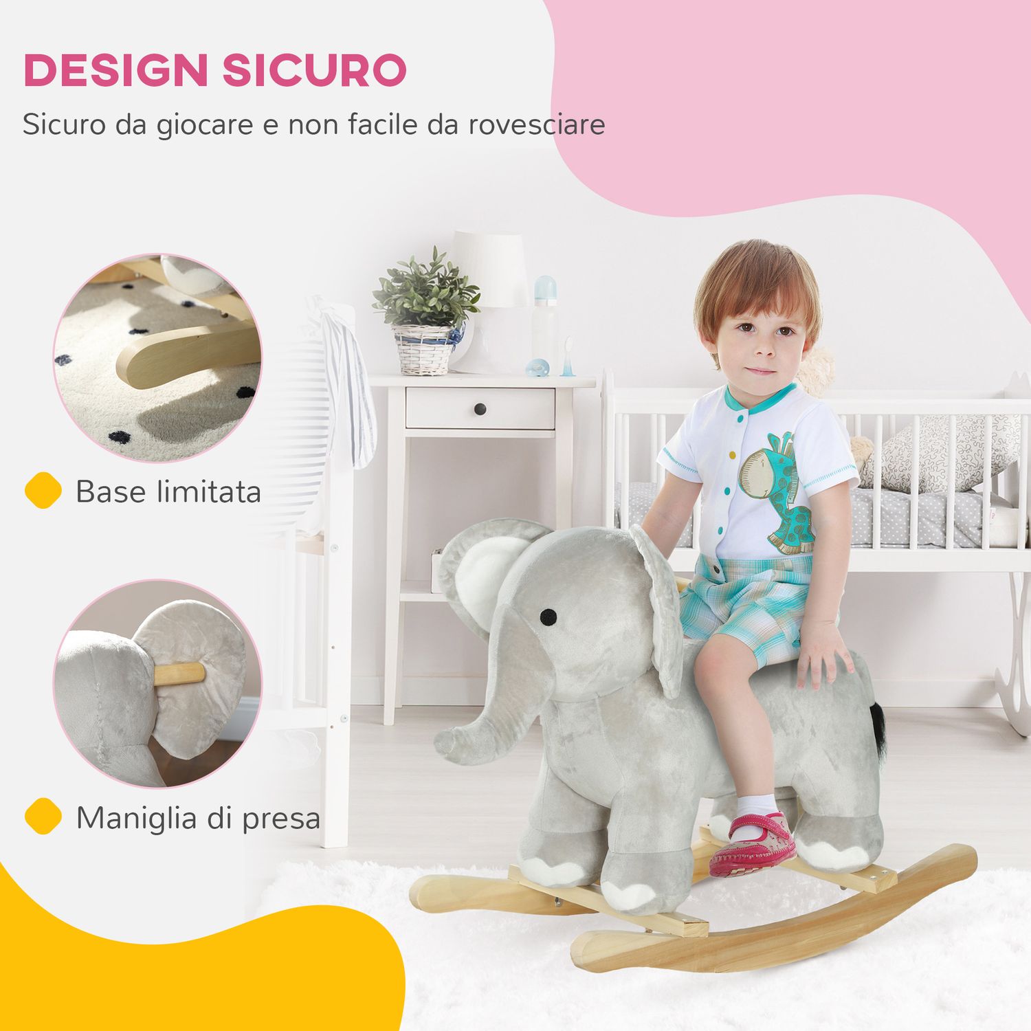 Cavallo a dondolo per bambini 2-4 anni a forma di elefante con suoni e rivestimento morbido, grigio - 