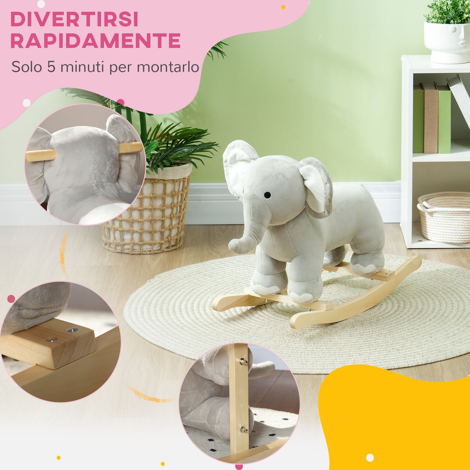 Cavallo a dondolo per bambini 2-4 anni a forma di elefante con suoni e rivestimento morbido, grigio - 