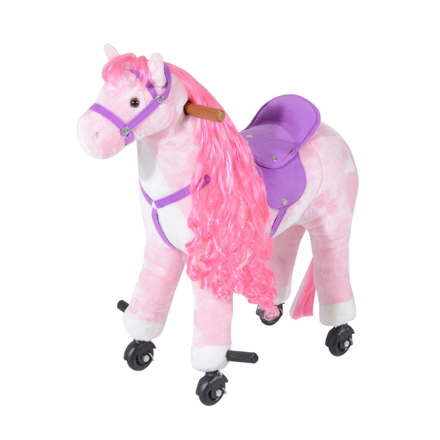Cavallo a dondolo per bambini 2+ anni con 4 rotelle, suoni realistici e poggiapiedi, 65x28x75 cm, rosa - 