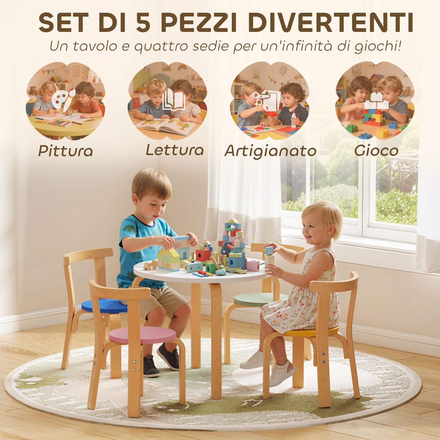 Set tavolo e sedie per bambini 3-8 anni 5 pz con bordi arrotondati in legno multicolore - 