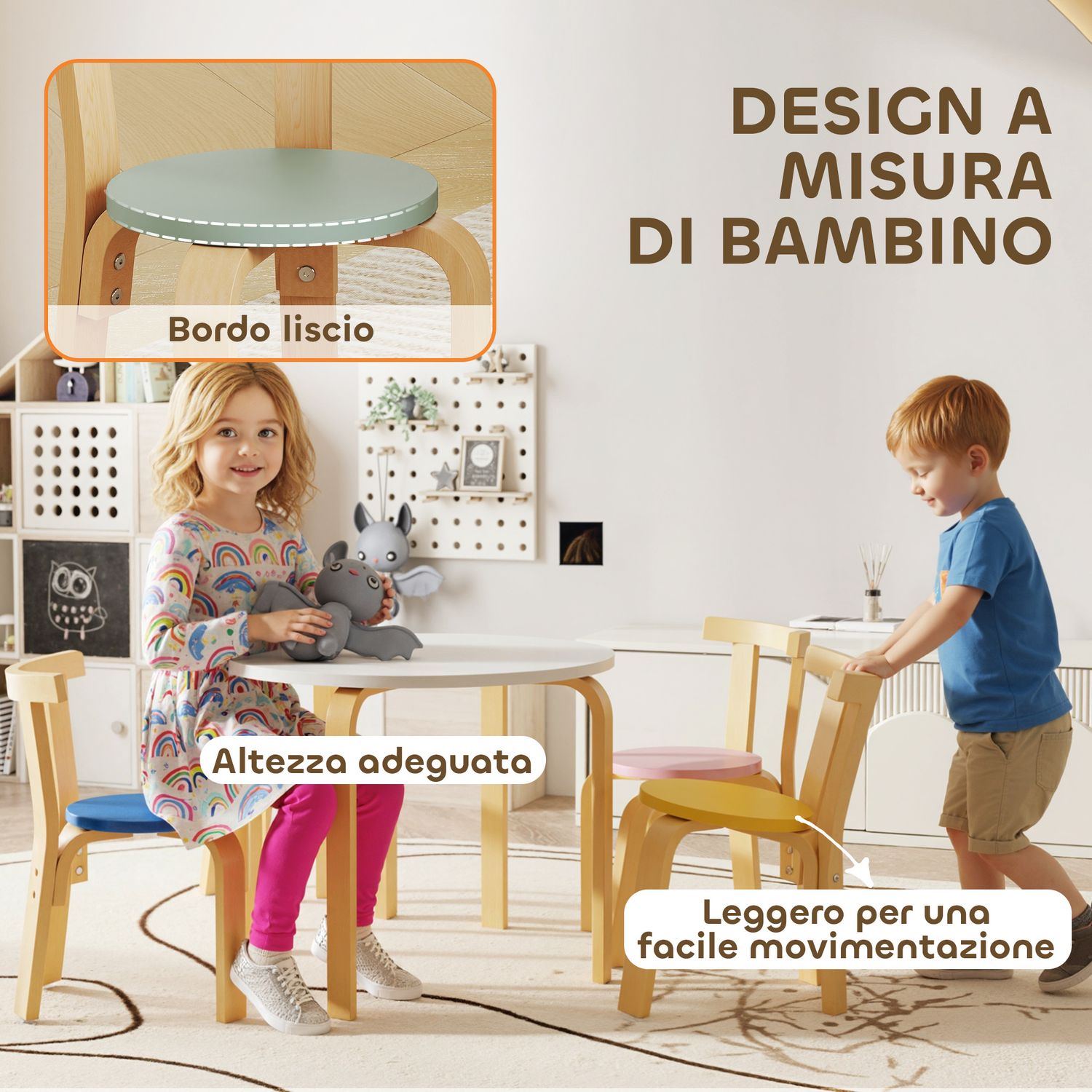 Set tavolo e sedie per bambini 3-8 anni 5 pz con bordi arrotondati in legno multicolore - 
