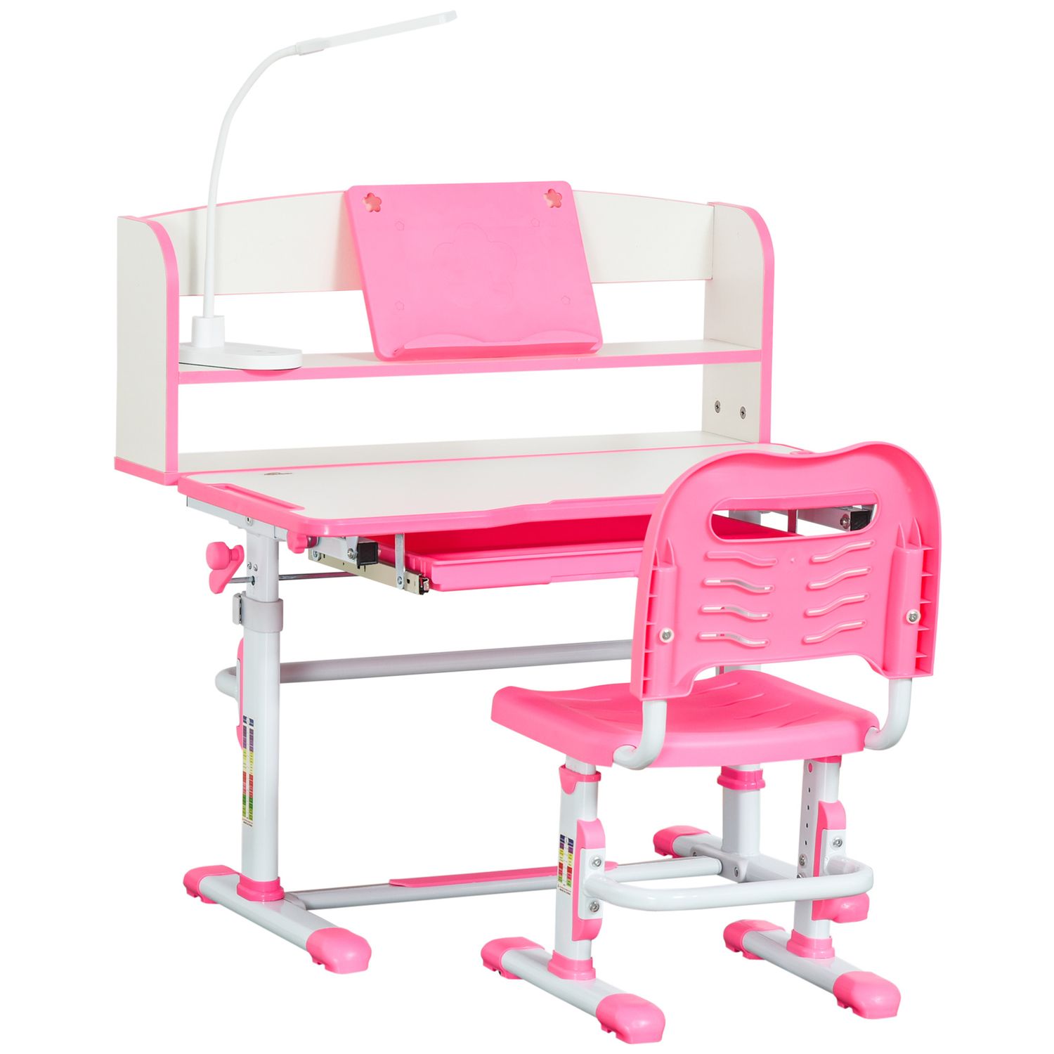 Banco scuola per bambini 6-12 anni regolabile con luce led, leggio e portapenne, in mdf, pp e acciaio, rosa - 