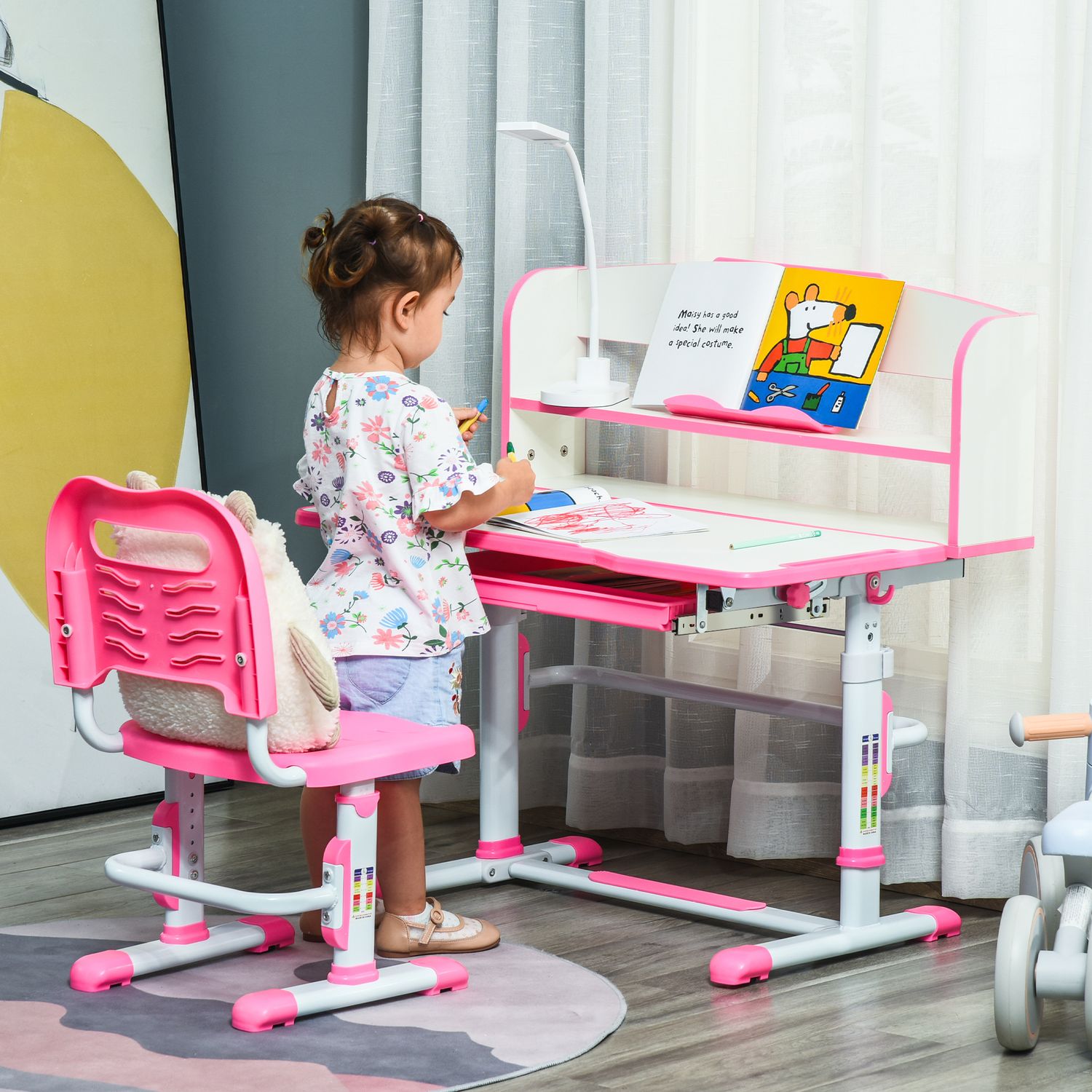 Banco scuola per bambini 6-12 anni regolabile con luce led, leggio e portapenne, in mdf, pp e acciaio, rosa - 
