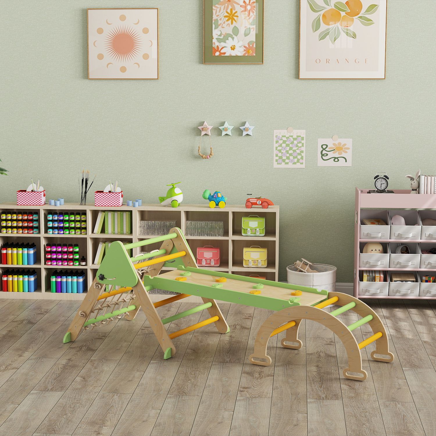 Gioco per bambini 8 in 1 con triangolo, parete liscia e arco, in legno di pioppo e pino, 191.5x74.5x63 cm - 