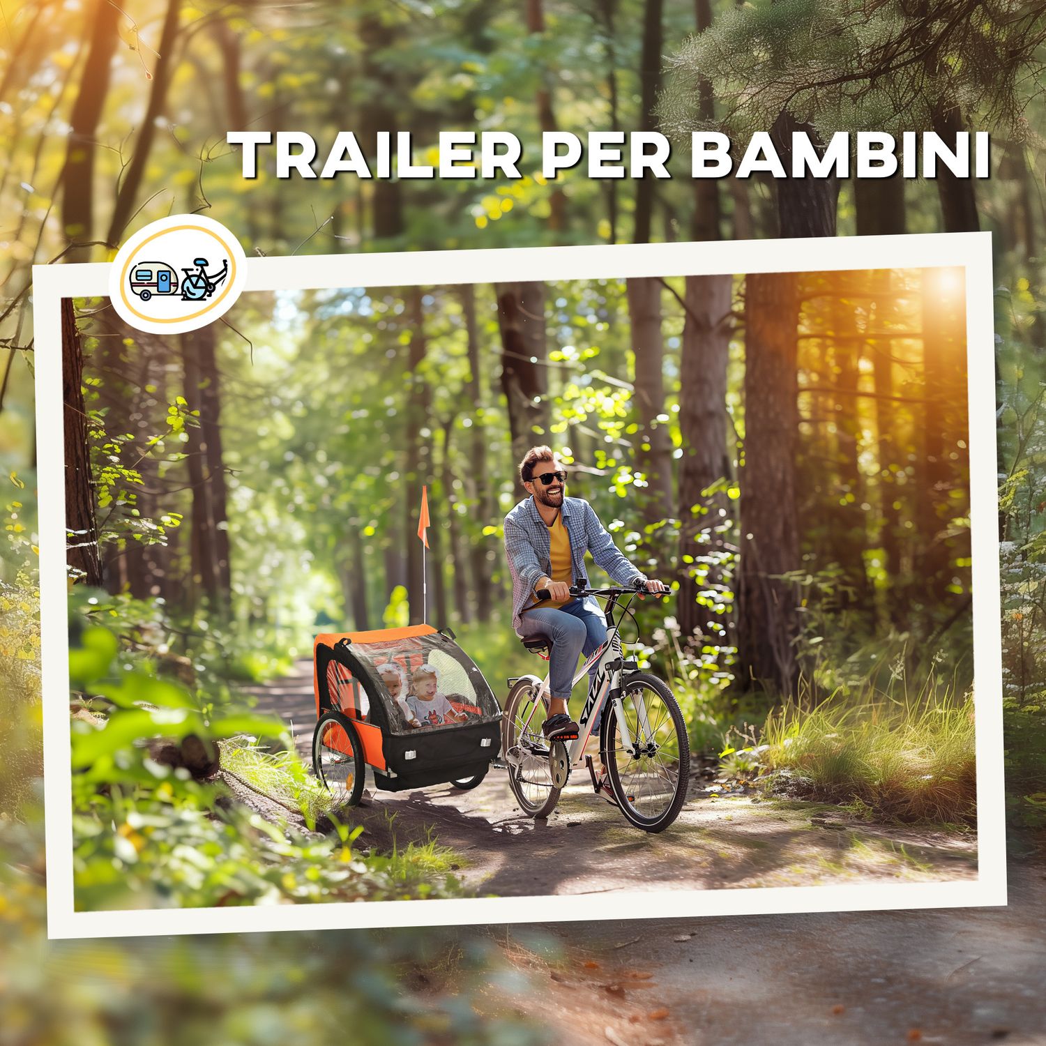 Rimorchio bici bambini con 2 posti, 2 cinture di sicurezza, telaio in acciaio e copertura in tessuto oxford arancione - 