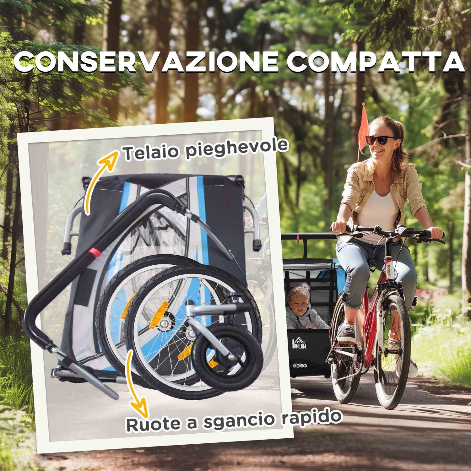 Rimorchio bici per bambini e passeggino 2 in 1 con cintura, tasche e bandierina, blu - 