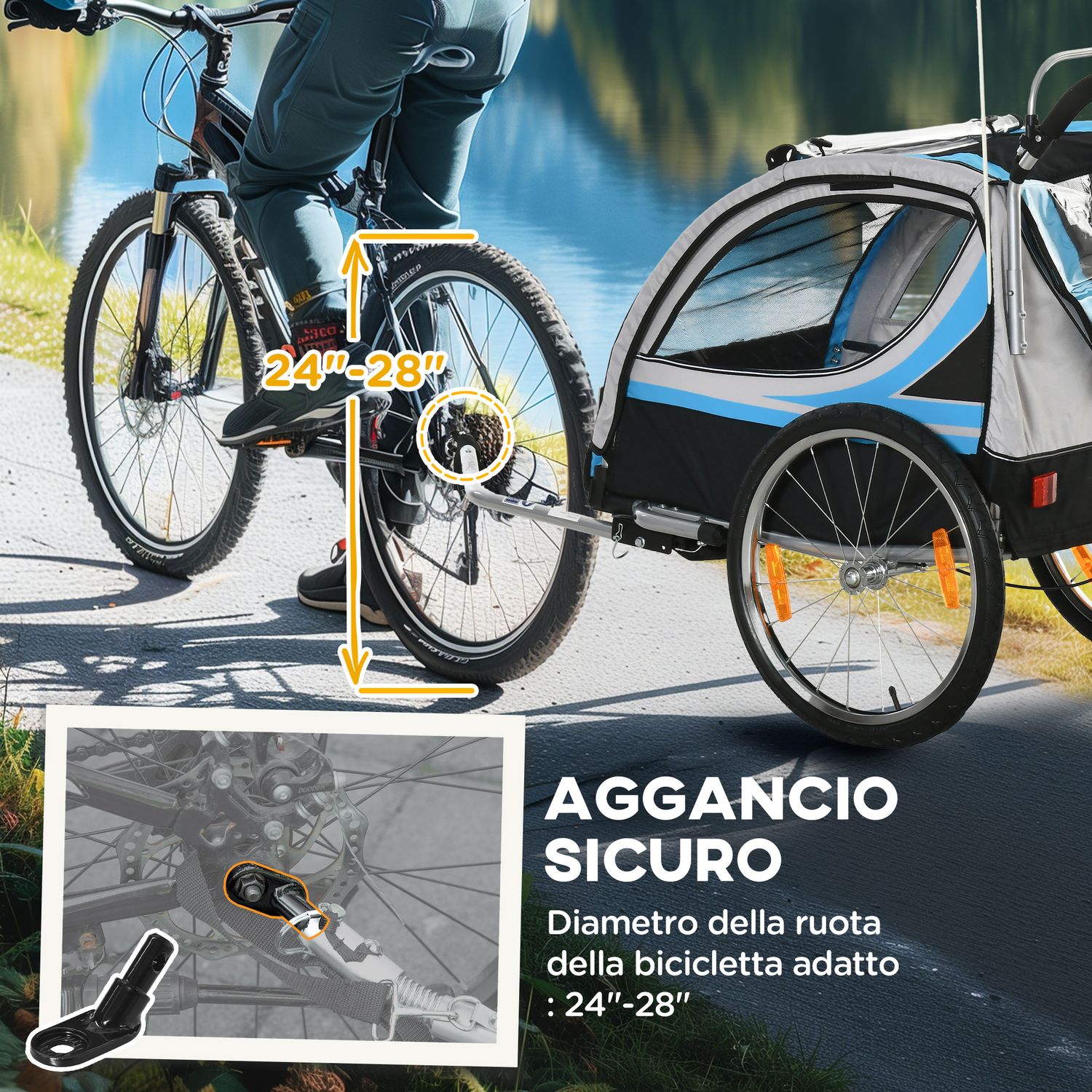 Rimorchio bici per bambini e passeggino 2 in 1 con cintura, tasche e bandierina, blu - 