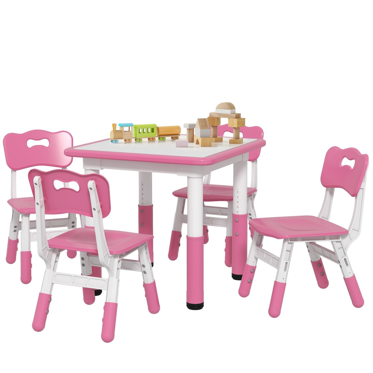 Set tavolo e sedie per bambini 5pz con 4 sedie regolabili 32x36x52.5-56 cm e tavolo 60x60x46-58 cm, rosa - 