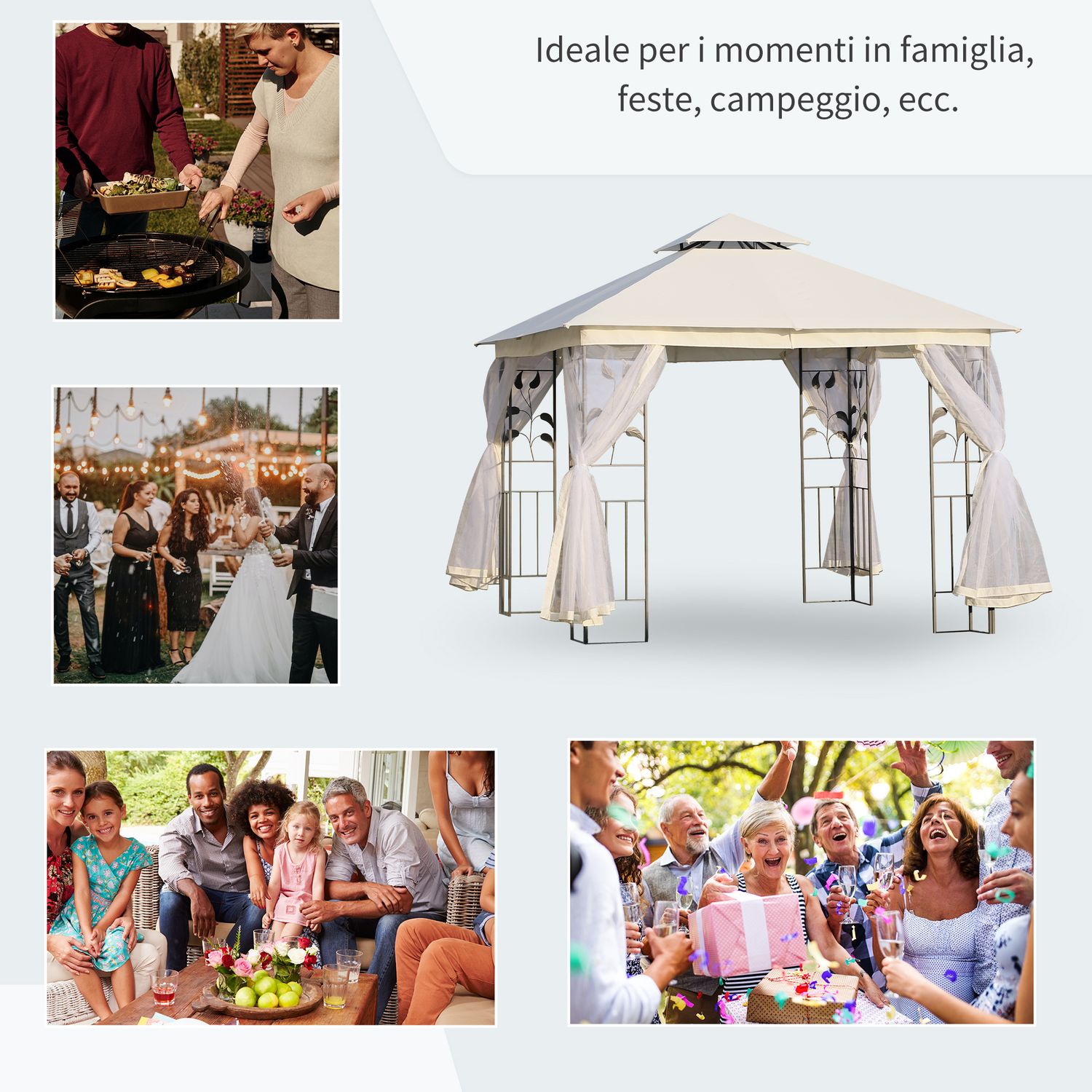 Gazebo da giardino 3x3m con zanzariera, telaio in acciaio e doppio tettuccio, bianco - 