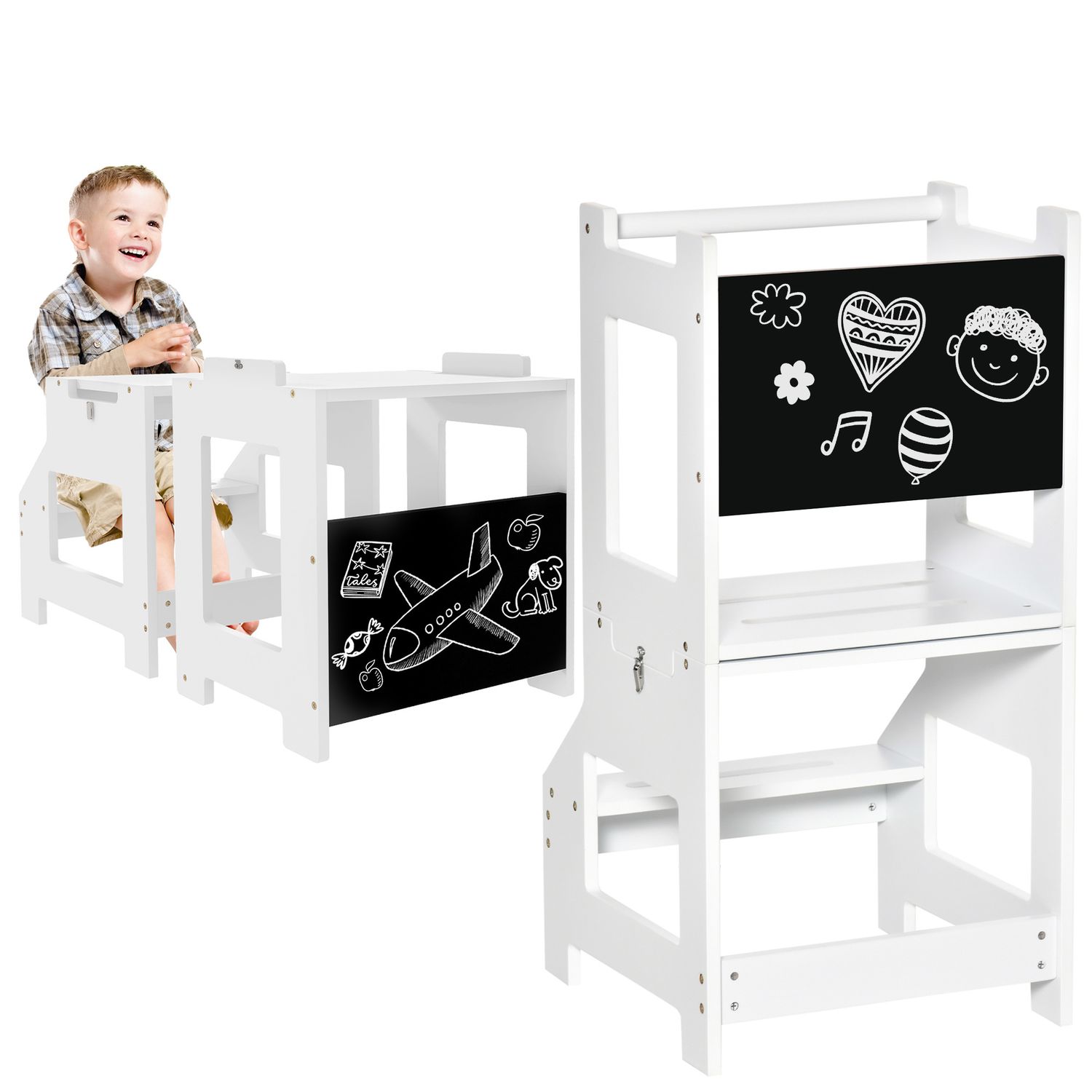 Scala montessori 2 in 1 in mdf staccabile, con sgabello, lavagna inclusi, per bambini 3-6 anni, bianco - 