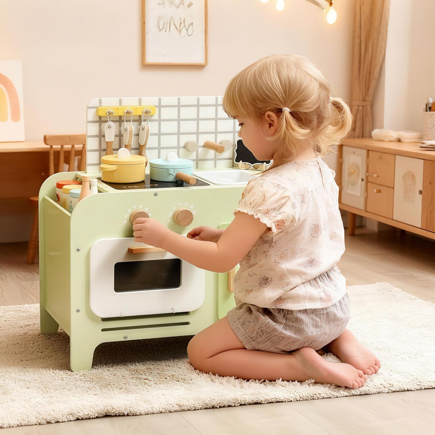 Set cucina giocattolo in legno per bambini da 3+ anni con 15 accessori, verde - 