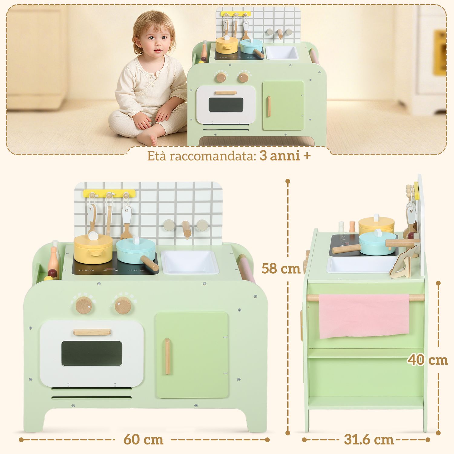 Set cucina giocattolo in legno per bambini da 3+ anni con 15 accessori, verde - 