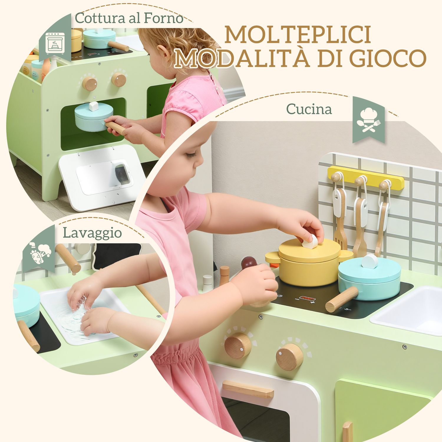 Set cucina giocattolo in legno per bambini da 3+ anni con 15 accessori, verde - 