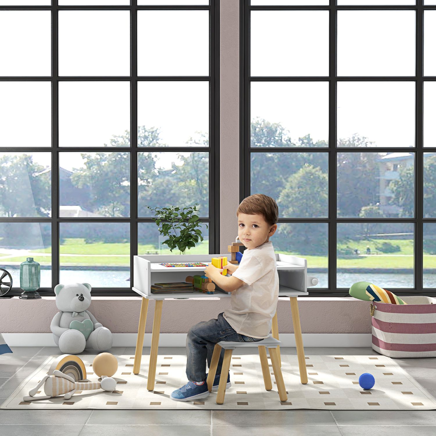 Set tavolino per bambini con sgabello, banchetto con piano reversibile e rotolo di carta, bianco - 