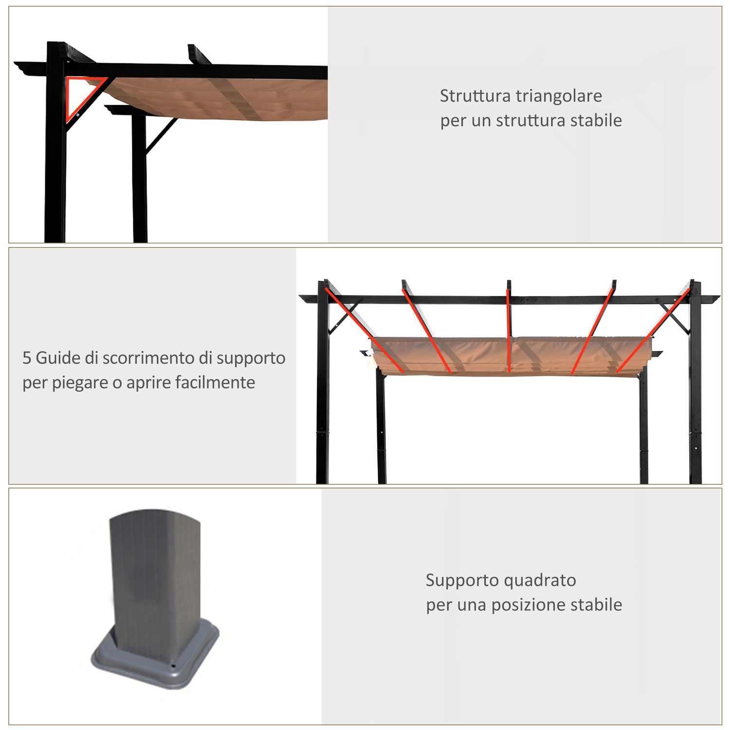 Gazebo pergola da giardino 3x4m con telo in poliestere e struttura in alluminio, grigio e marrone - 
