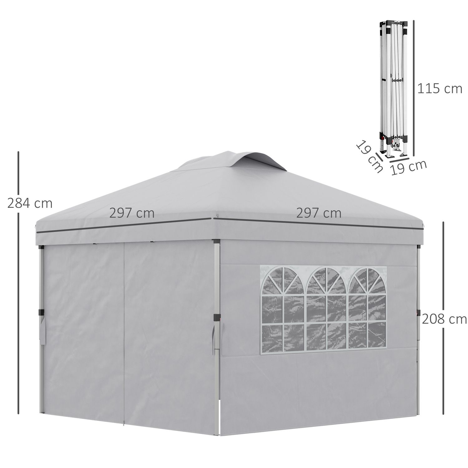 Gazebo pieghevole 3x3 m con altezza regolabile su 3 livelli, finestre e borsa di trasporto, grigio chiaro - 