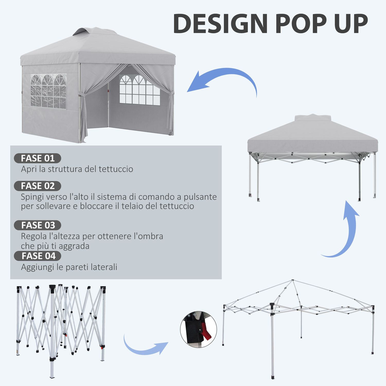 Gazebo pieghevole 3x3 m con altezza regolabile su 3 livelli, finestre e borsa di trasporto, grigio chiaro - 