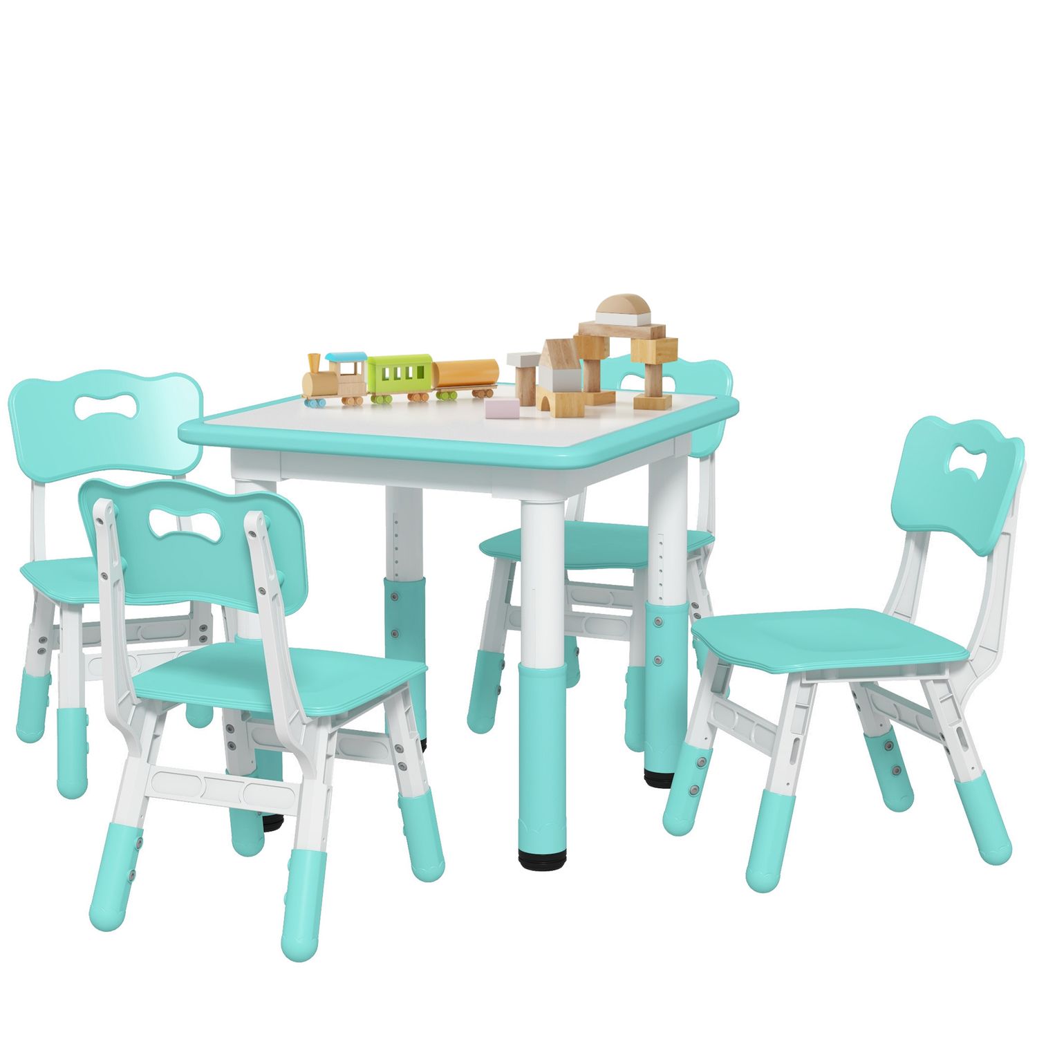 Set tavolo e sedie per bambini 5pz con 4 sedie regolabili 32x36x52.5-56 cm e tavolo 60x60x46-58 cm, verde - 