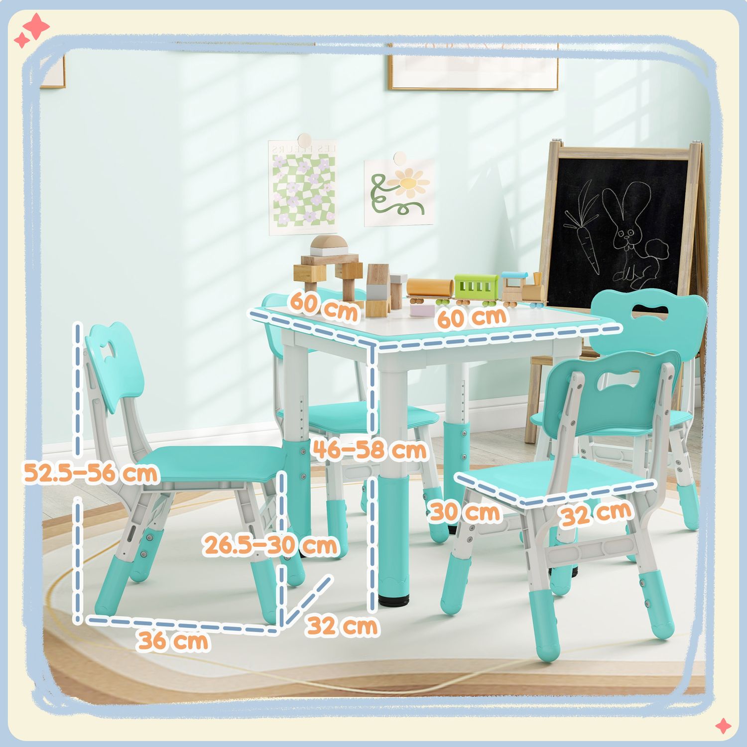 Set tavolo e sedie per bambini 5pz con 4 sedie regolabili 32x36x52.5-56 cm e tavolo 60x60x46-58 cm, verde - 