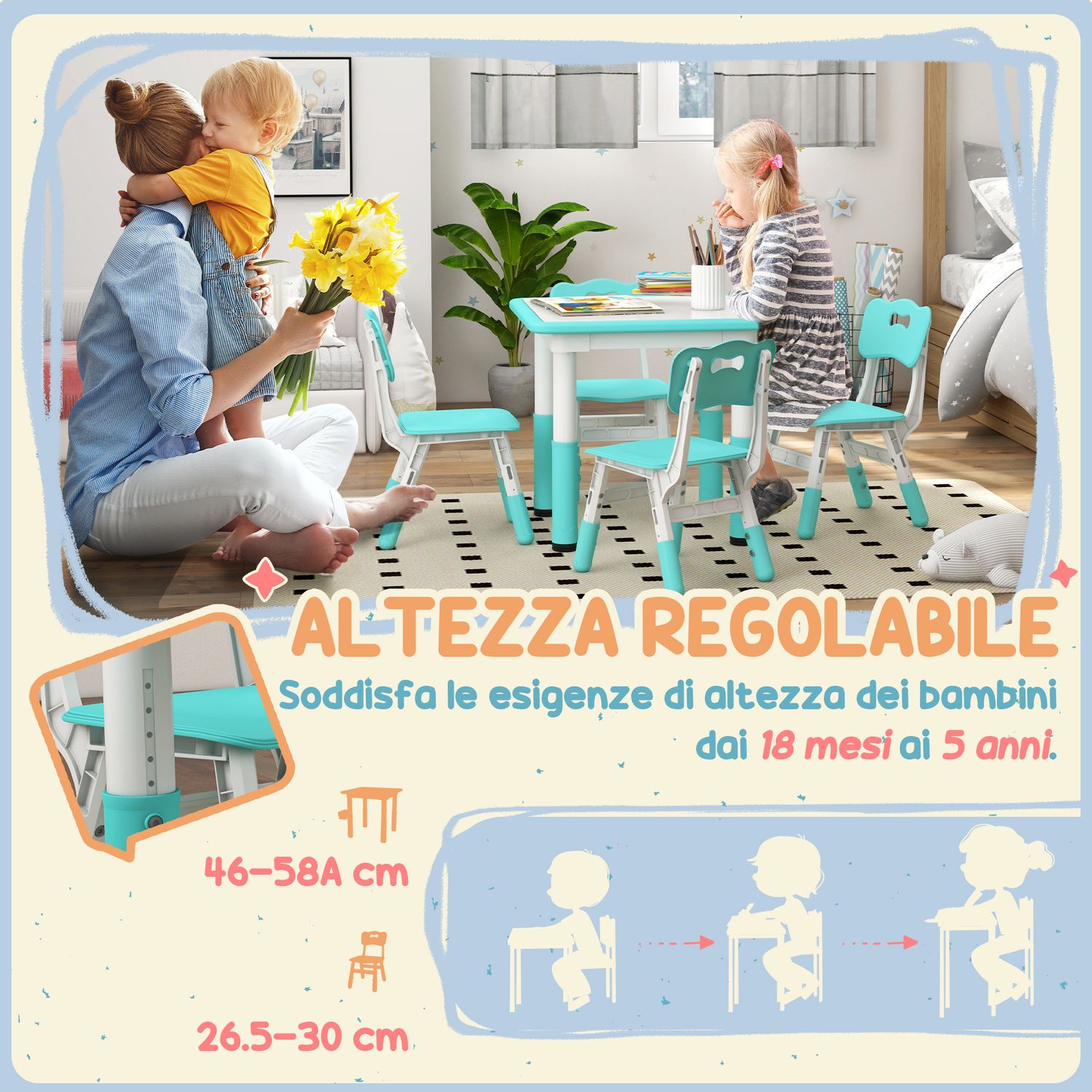 Set tavolo e sedie per bambini 5pz con 4 sedie regolabili 32x36x52.5-56 cm e tavolo 60x60x46-58 cm, verde - 