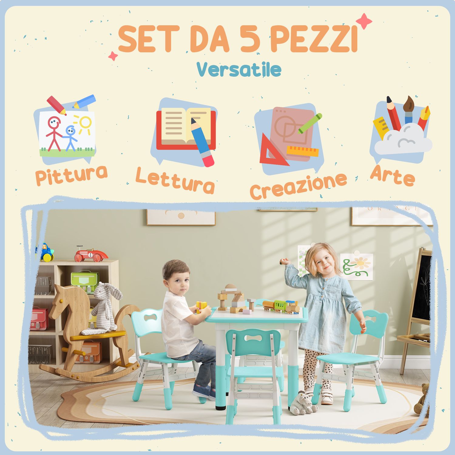 Set tavolo e sedie per bambini 5pz con 4 sedie regolabili 32x36x52.5-56 cm e tavolo 60x60x46-58 cm, verde - 