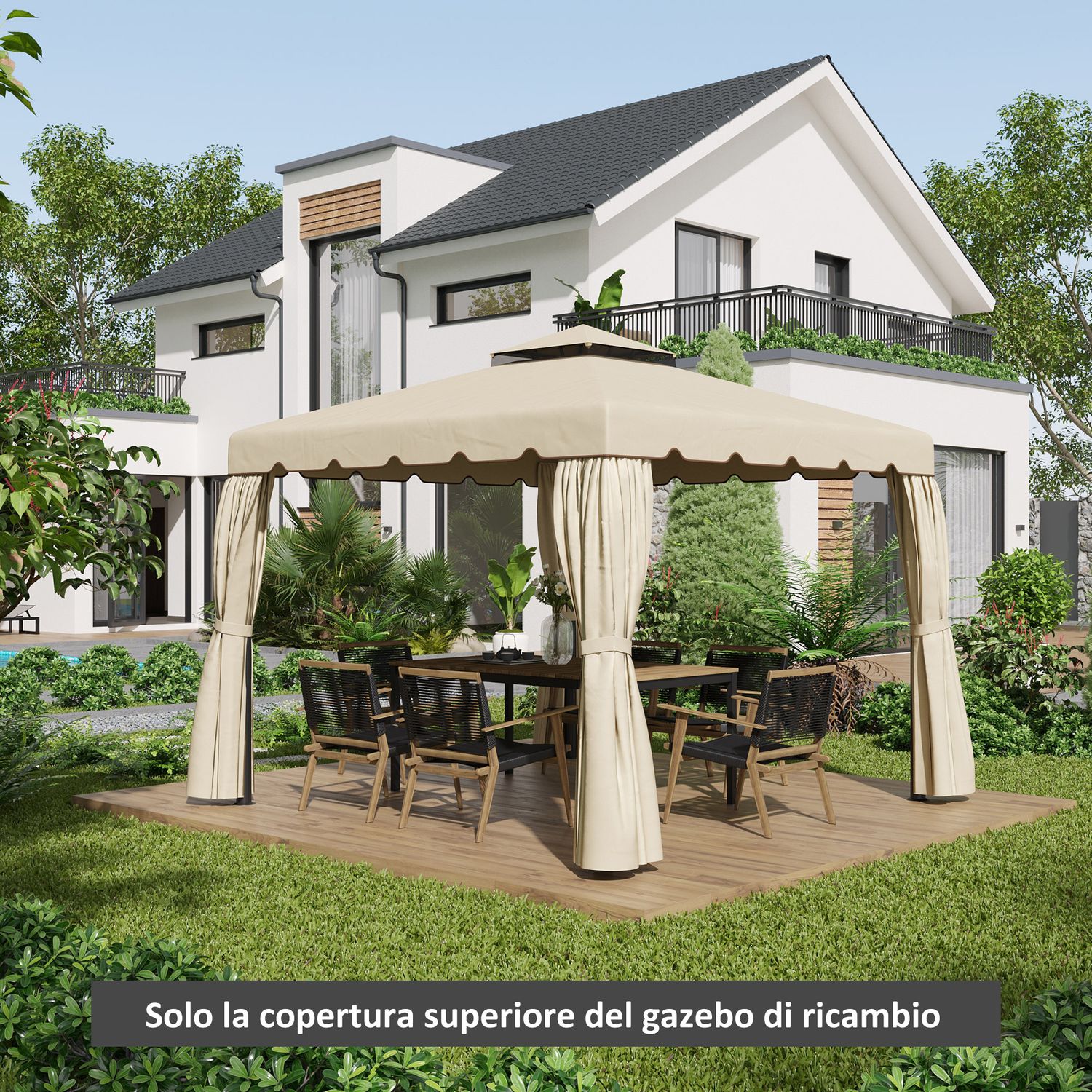 Tettuccio di ricambio per gazebo da giardino 3x3m con tetto a 2 livelli in poliestere beige - 