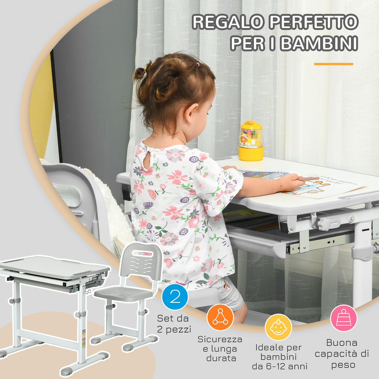 Banco scuola per bambini 6-12 anni con sedia e altezza regolabile, piano inclinabile, 66x47x52-77 cm, grigio - 