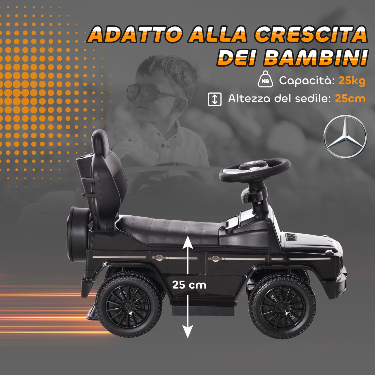 Macchina a spinta per bambini 12-36 mesi con licenza mercedes, tettuccio e maniglia di spinta, 85.5x40.5x95 cm, nero - 