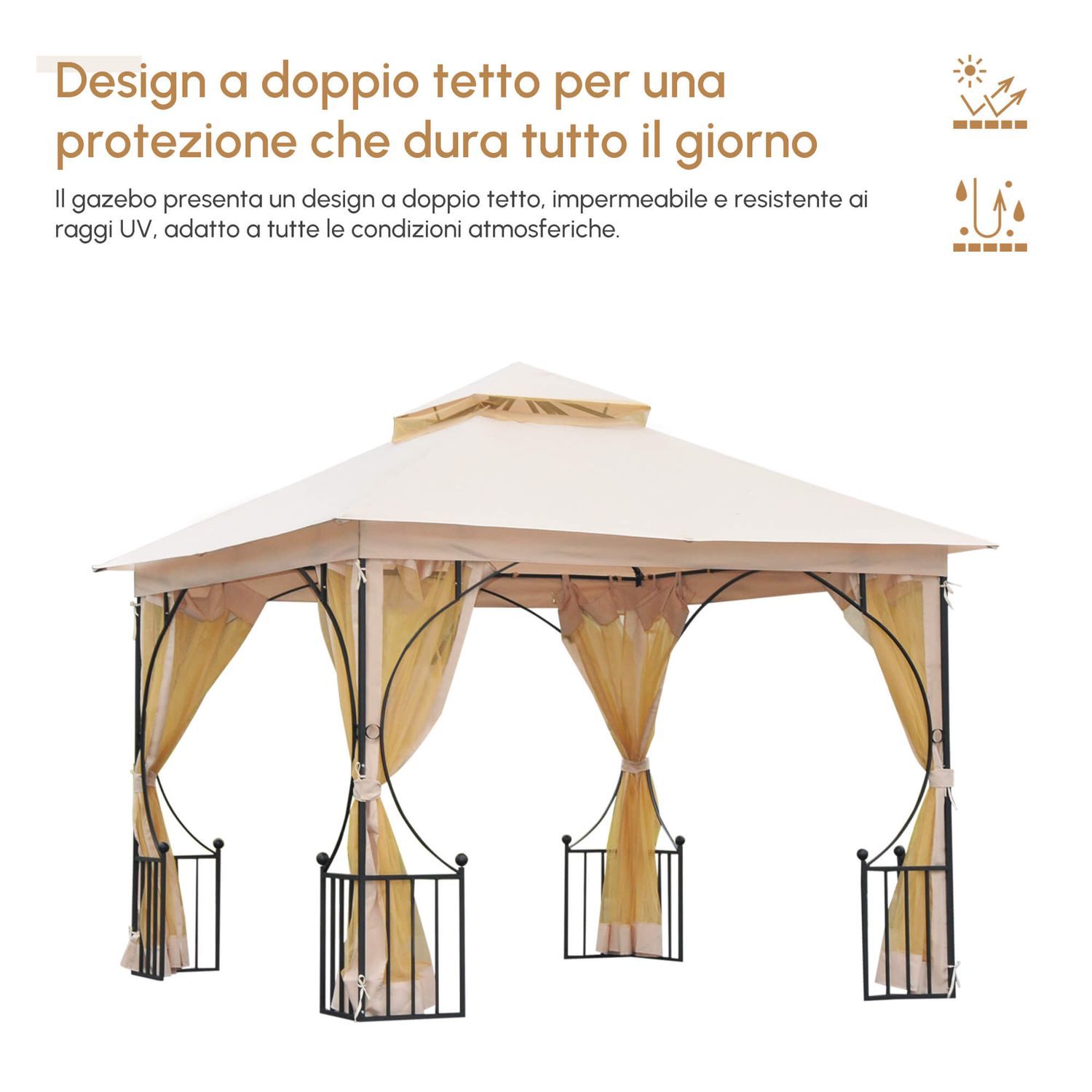 Gazebo da giardino 3x3m in metallo con zanzariere e tettuccio in poliestere, beige - 