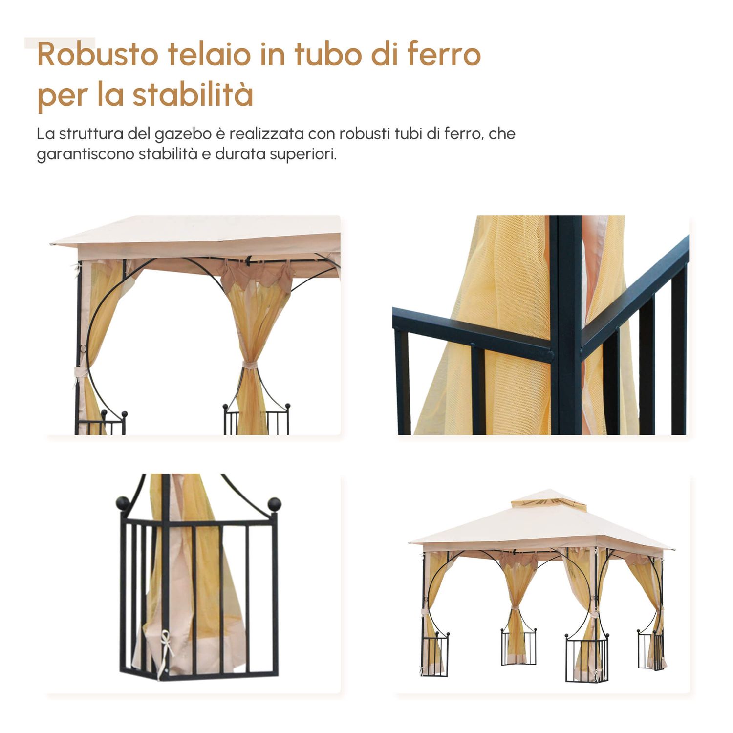 Gazebo da giardino 3x3m in metallo con zanzariere e tettuccio in poliestere, beige - 