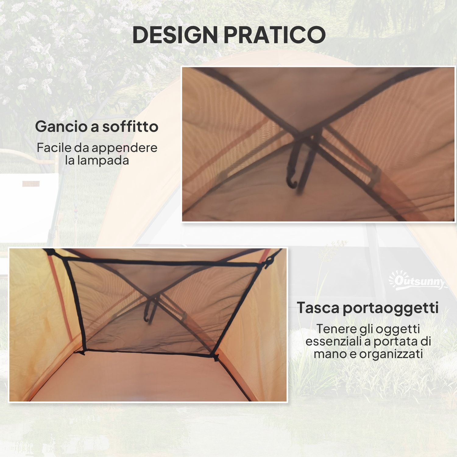 Tenda da campeggio per 3 persone impermeabile con tasca, gancio per lanterna e borsa, 2x2x1.35m, arancione - 
