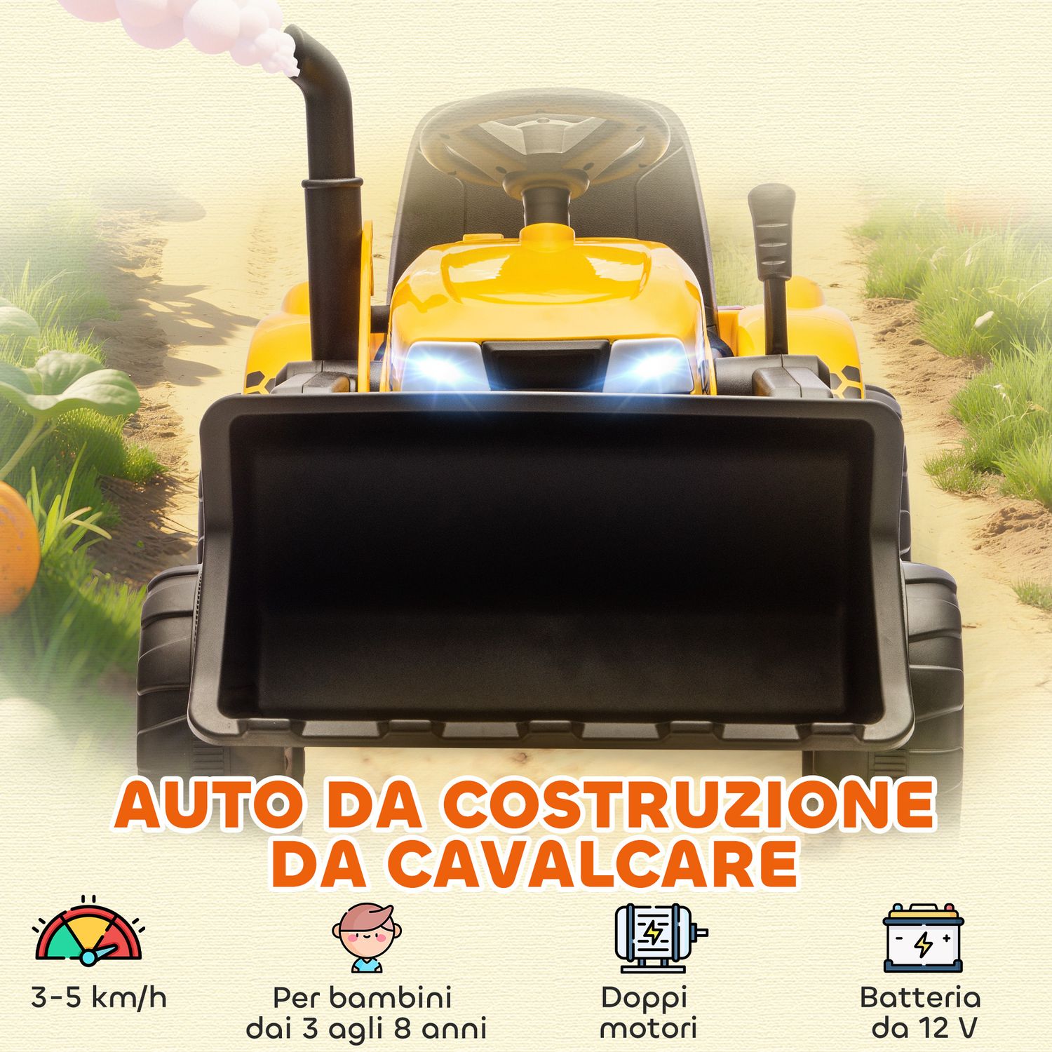 Escavatore per bambini elettrico 12v con benna, rimorchio e telecomando, età 3-8 anni, giallo - 