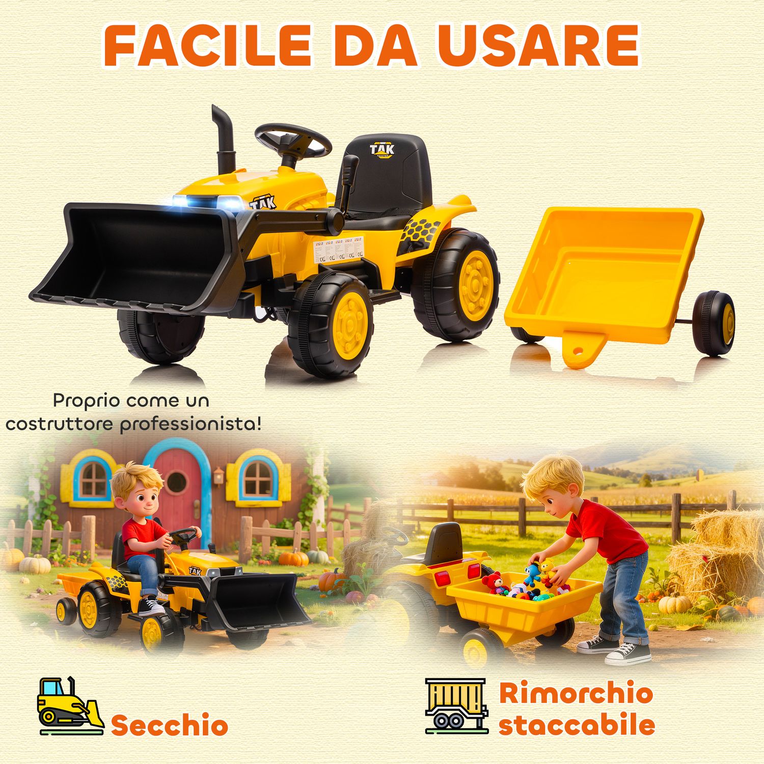 Escavatore per bambini elettrico 12v con benna, rimorchio e telecomando, età 3-8 anni, giallo - 