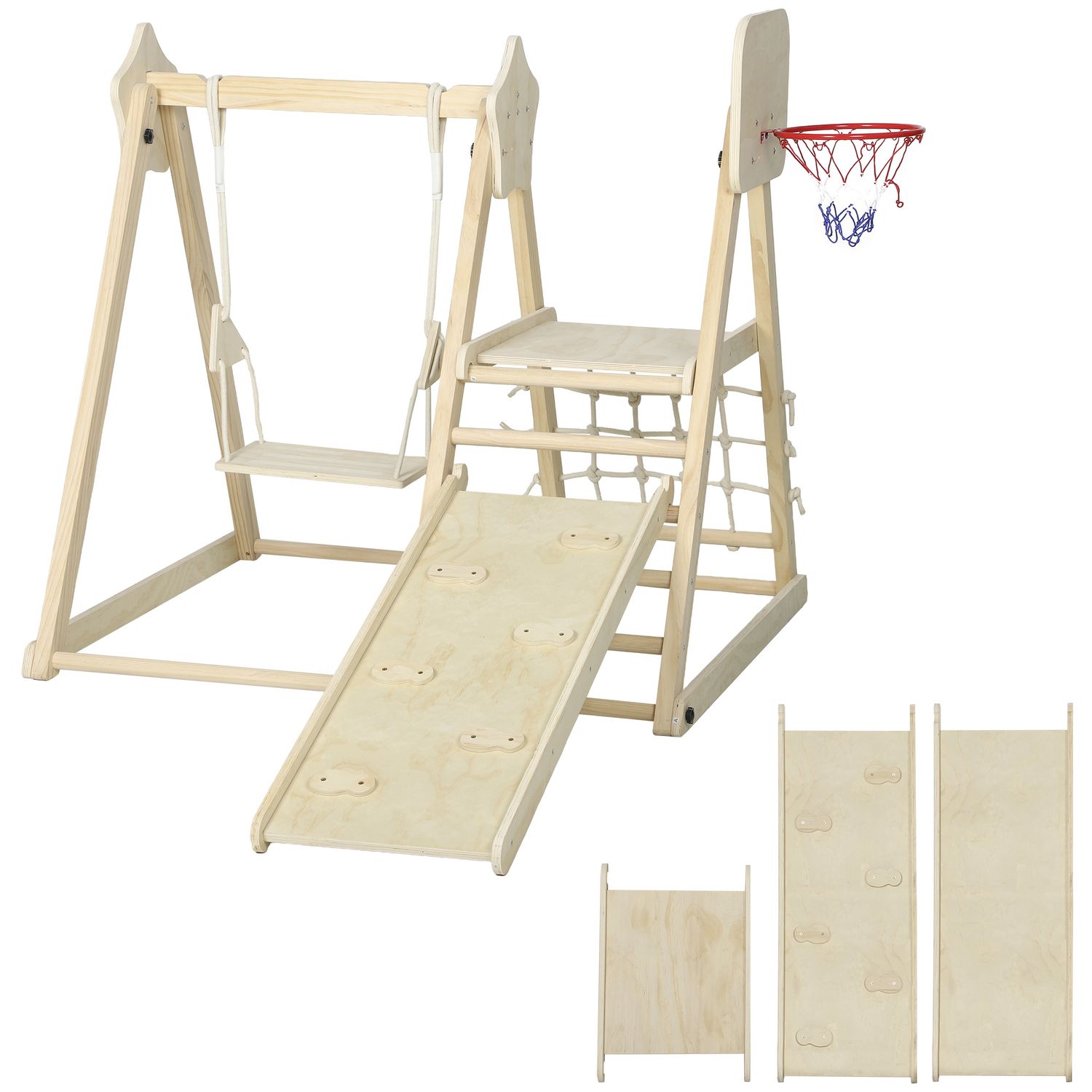 Gioco arrampicata 5 in 1 pieghevole con scivolo, 2 pareti, altalena e canestro, in legno, 140x172.5x116.5 cm - 