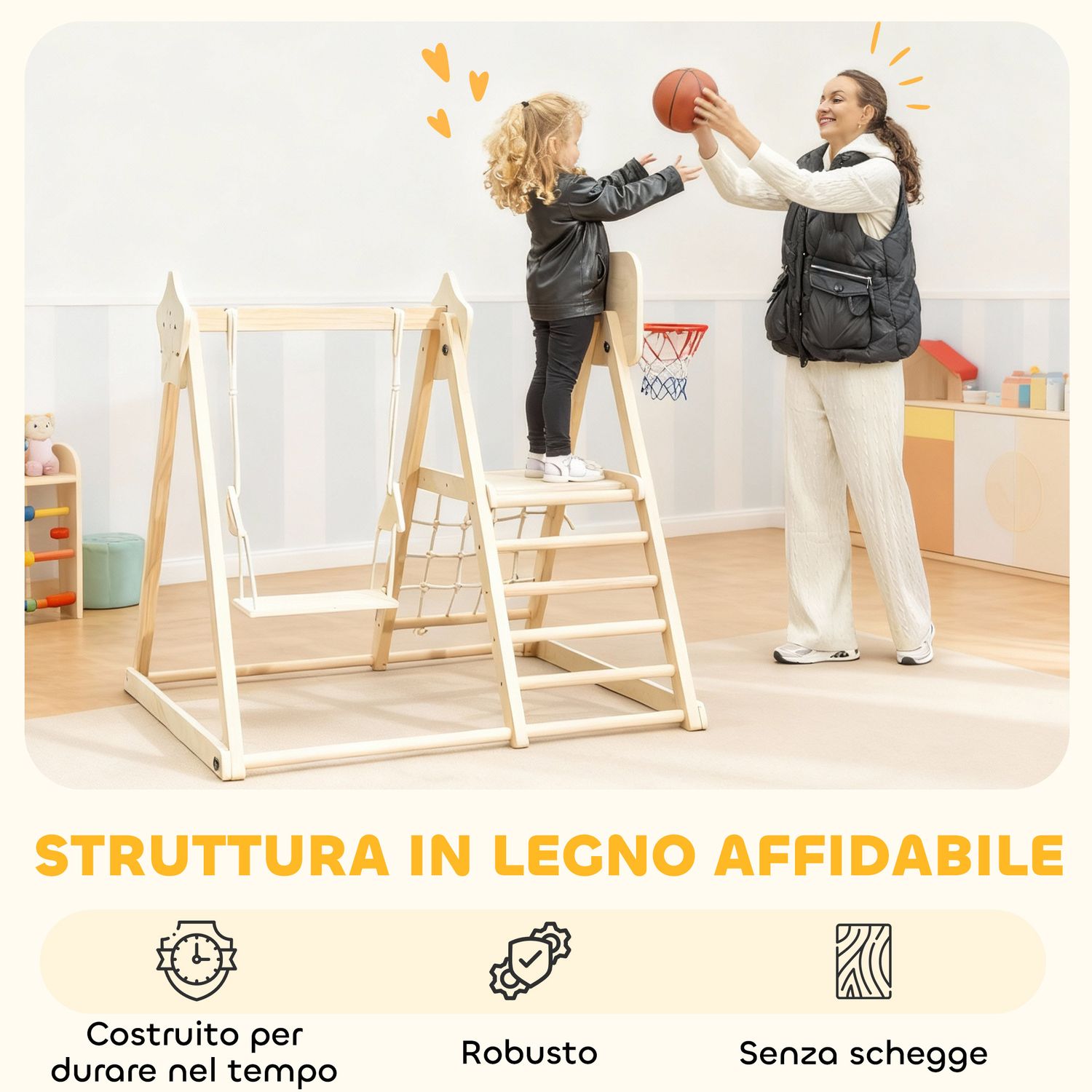 Gioco arrampicata 5 in 1 pieghevole con scivolo, 2 pareti, altalena e canestro, in legno, 140x172.5x116.5 cm - 