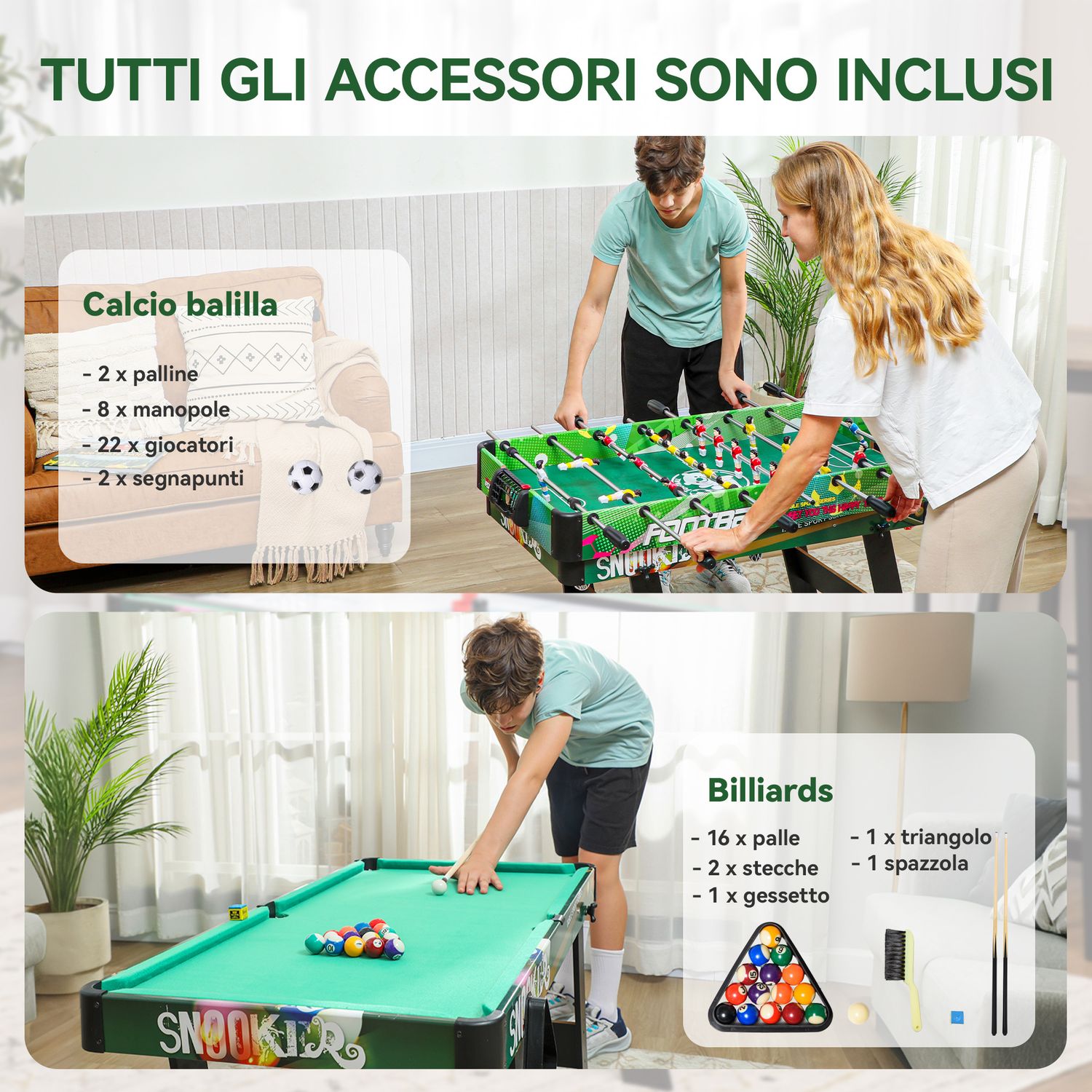 Tavolo da gioco 6 in 1 con calcio balilla, biliardo, air hockey, ping pong, anelli e hockey su prato, 118x104x71 cm - 
