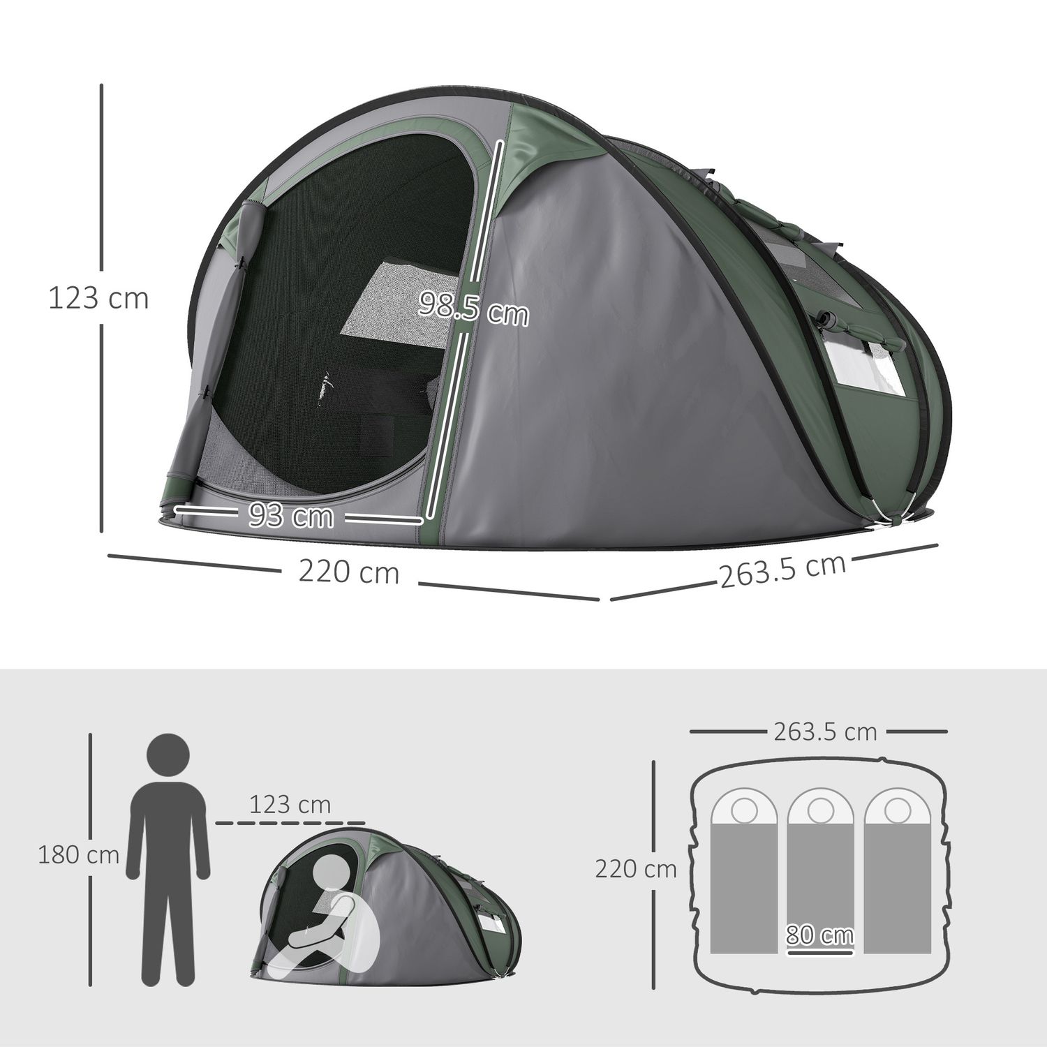 Tenda da campeggio pop up 2 posti con 2 porte, 4 finestre e telo impermeabile, 263.5x220x123 cm, verde scuro - 