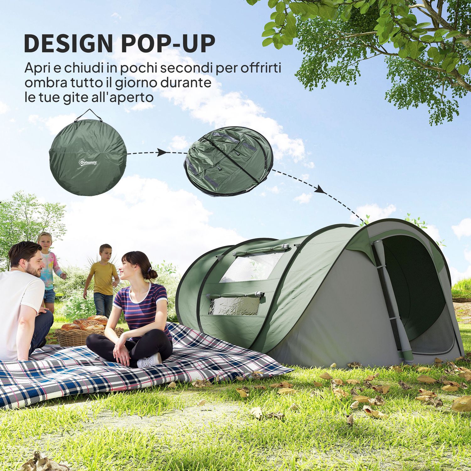 Tenda da campeggio pop up 2 posti con 2 porte, 4 finestre e telo impermeabile, 263.5x220x123 cm, verde scuro - 