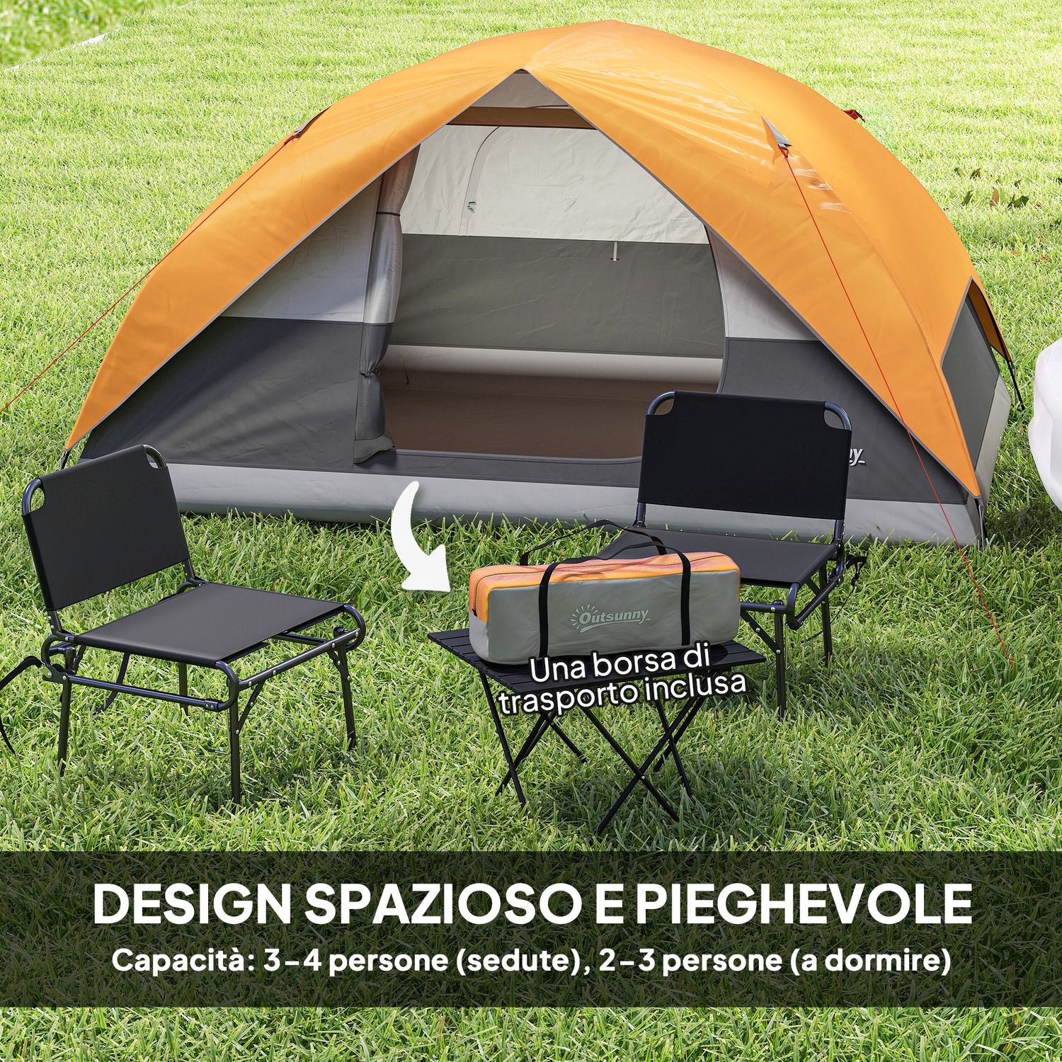 Tenda da campeggio per 3 persone impermeabile con tasche, gancio per lanterna e borsa di trasporto, arancione - 