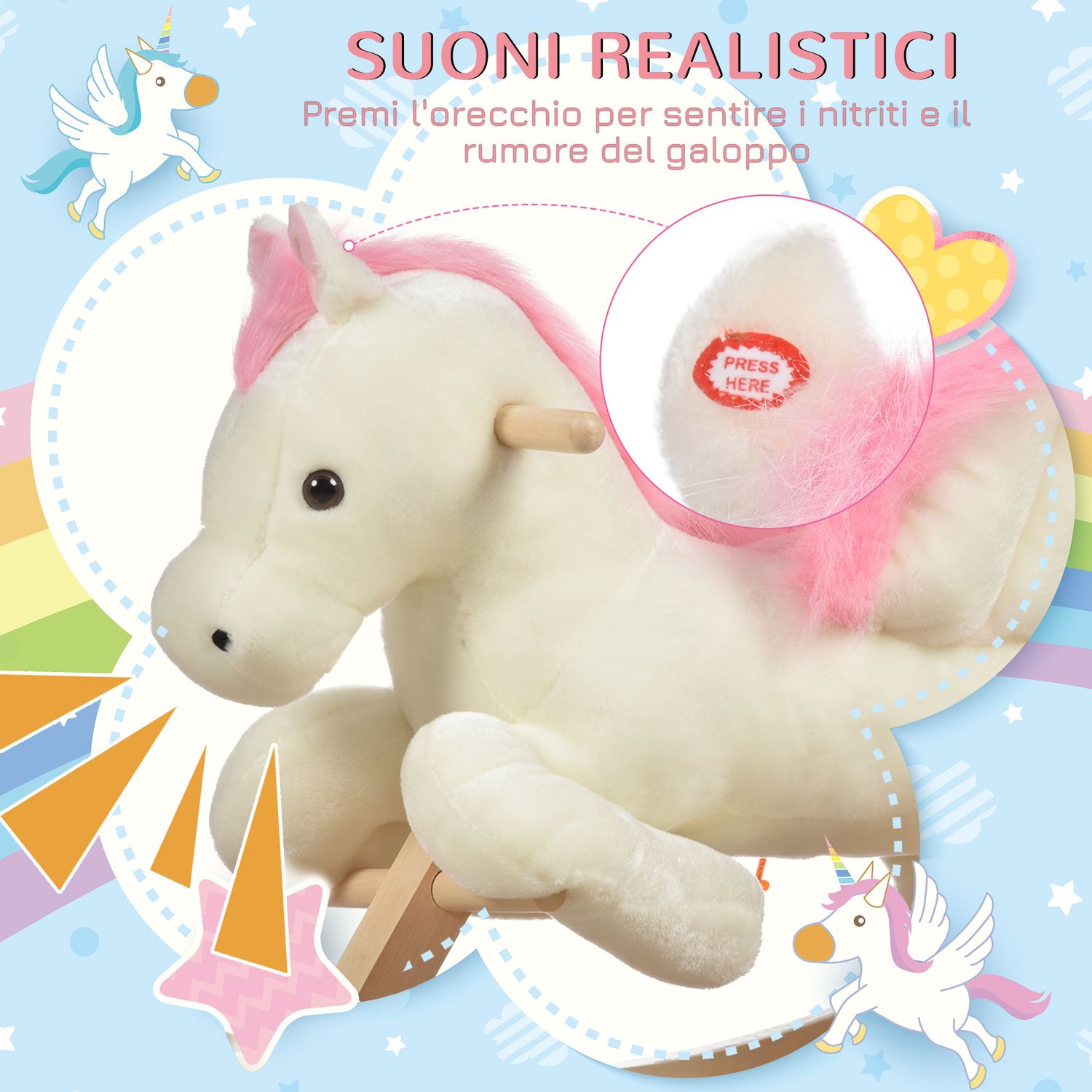 Cavallo a dondolo bianco e rosa con suoni e struttura in legno di pioppo per bambini 18-36 mesi, 70x28x57cm - 