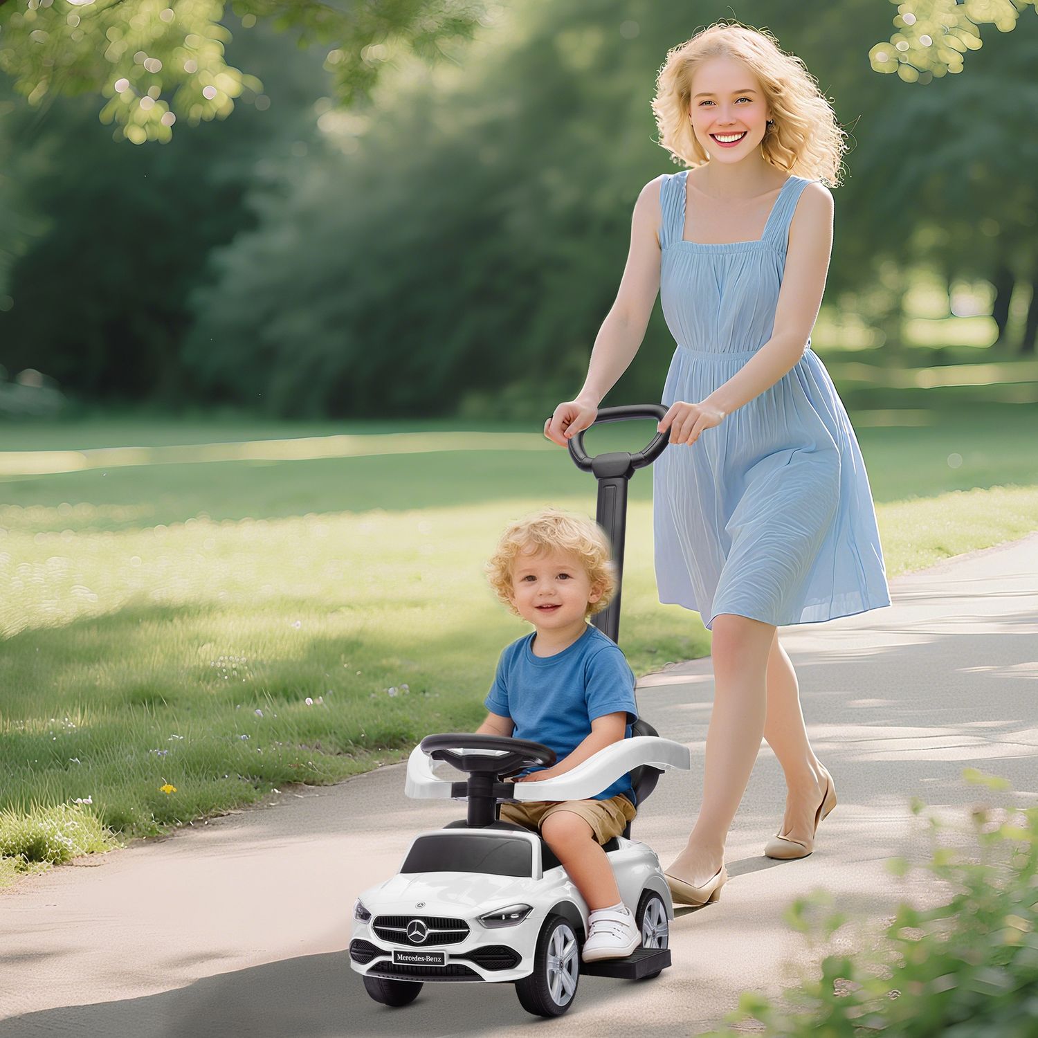 Macchina cavalcabile per bambini 1-3 anni convertibile in passeggino con licenza mercedes, 91x40x83 cm, bianco - 