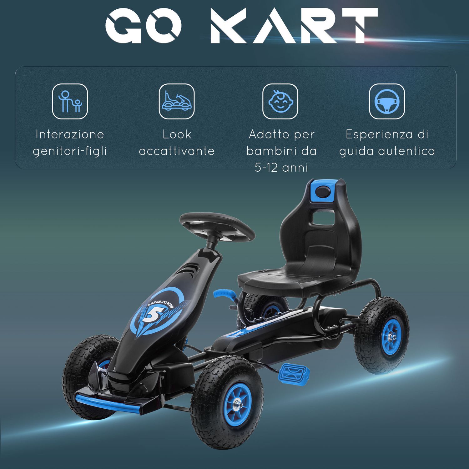 Go kart a pedali per bambini da 5-12 anni con sedile regolabile e ruote in gonfiabili, blu - 