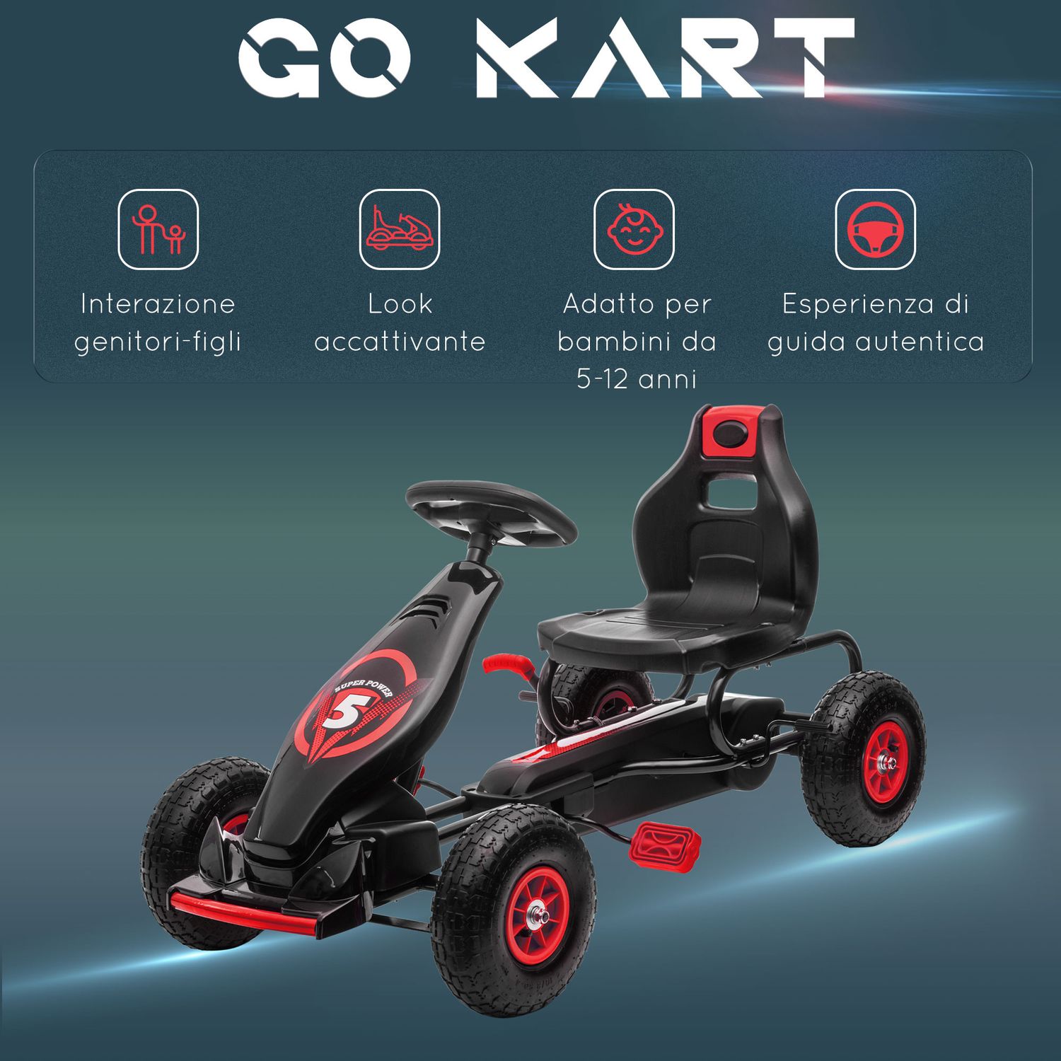 Go kart a pedali per bambini da 5-12 anni con sedile regolabile e ruote in gonfiabili, rosso - 