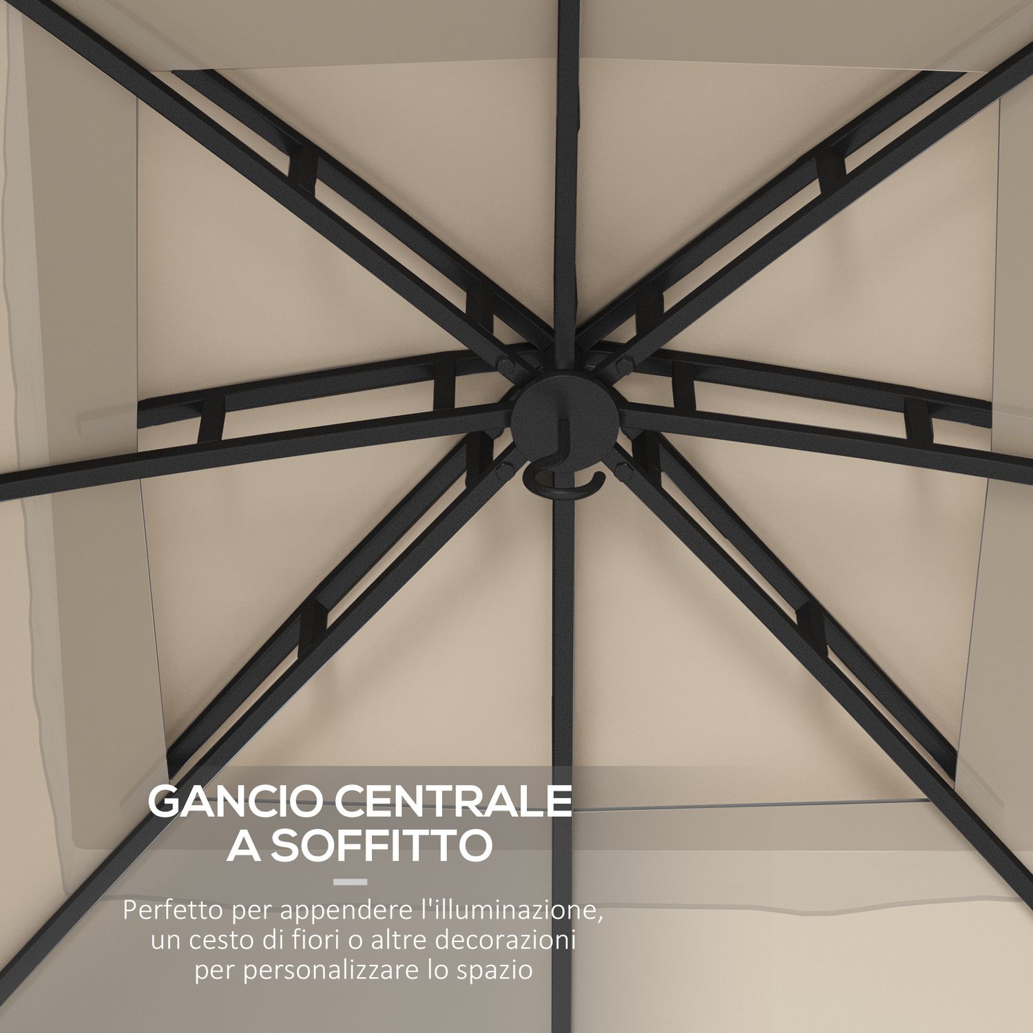 Gazebo da giardino 3x3m in acciaio con doppio tettuccio e tende, beige e grigio - 