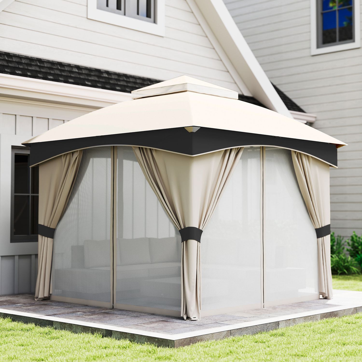 Gazebo da giardino 3x3m in acciaio con doppio tettuccio e tende, beige e grigio - 