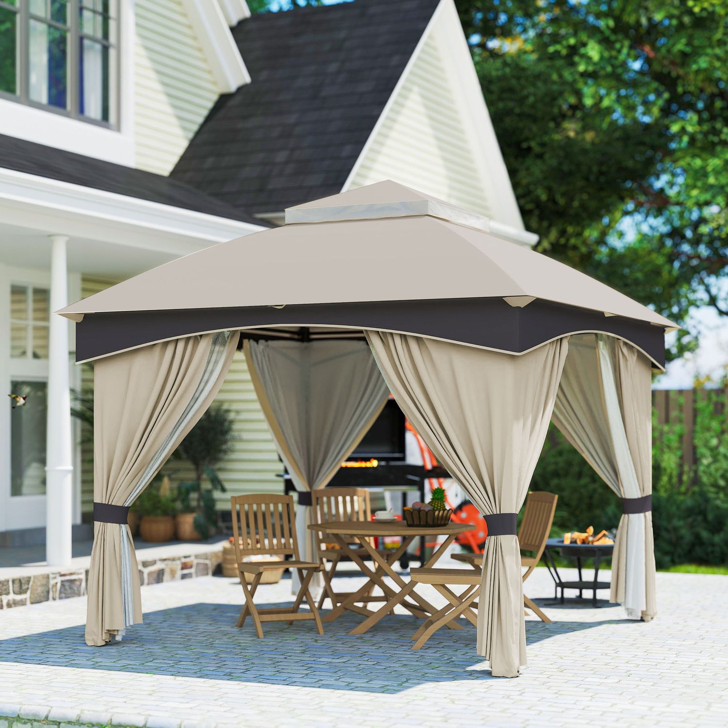 Gazebo da giardino 3x3m in acciaio con doppio tettuccio e tende, beige e grigio - 